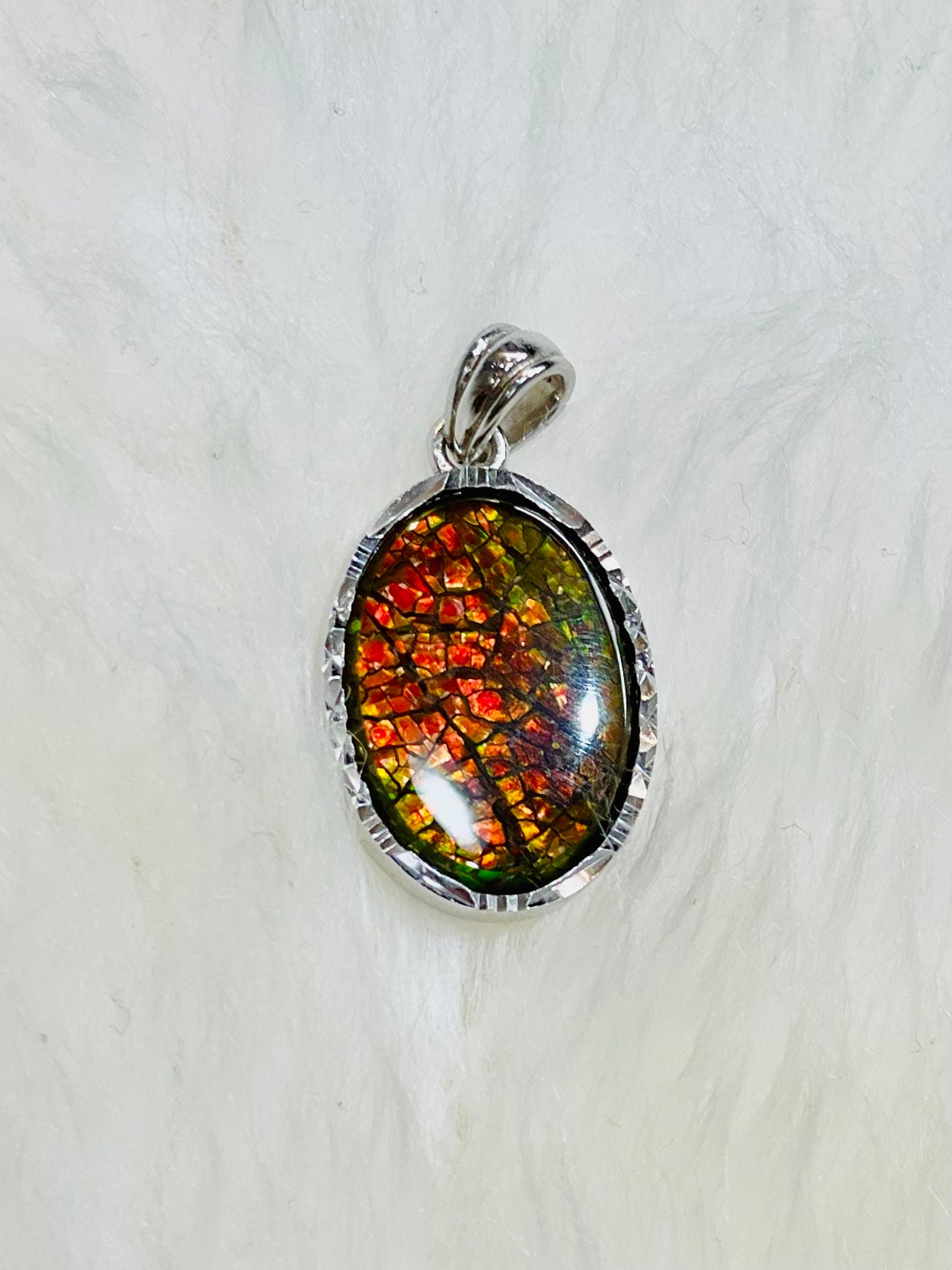 Authentic Sterling Silver Dragon Skin Ammolite Pendant Necklace – Natural Iridescent Gemstone Jewelry for Women, Gift for Her, Perfect for Special Occasions & Boho Fashion