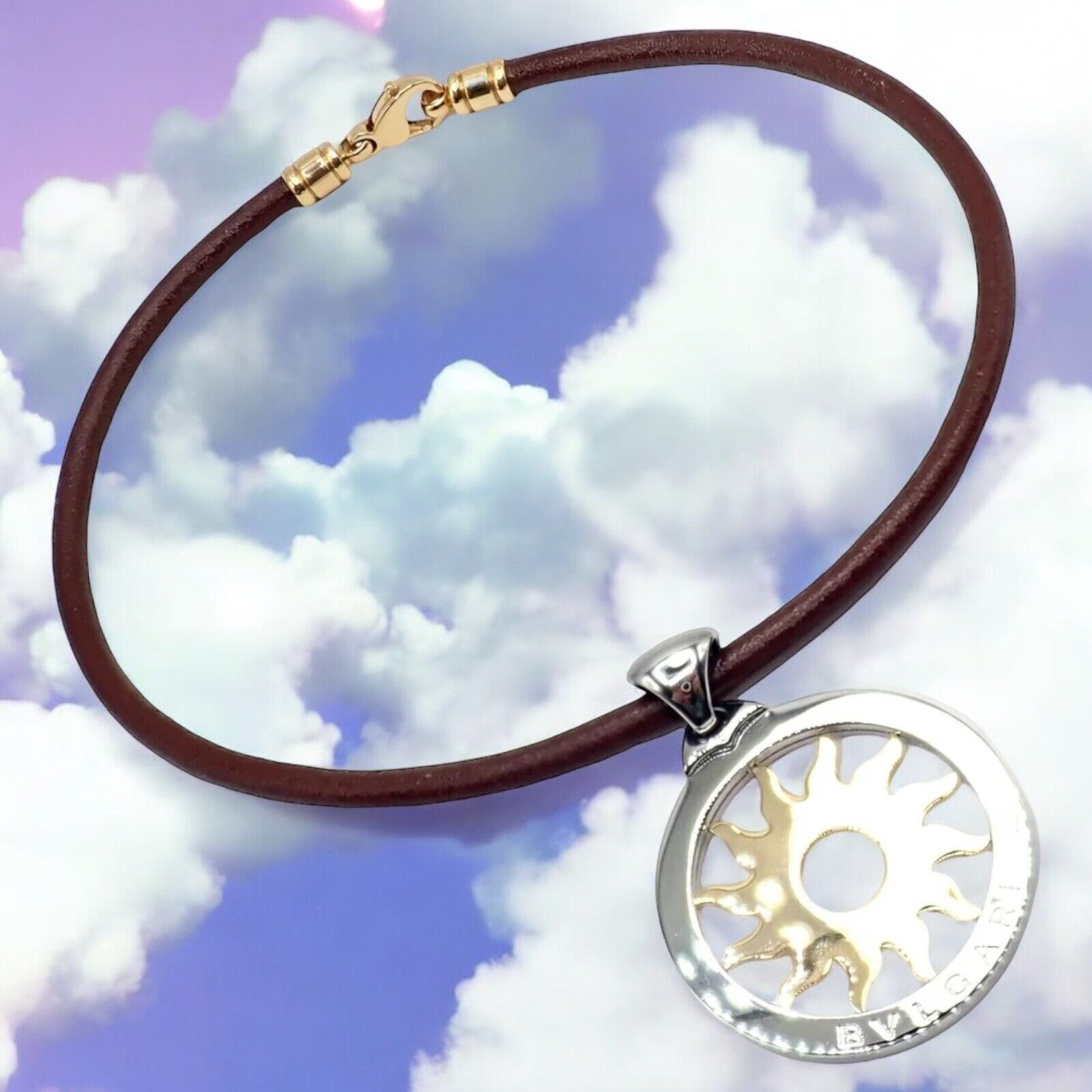 Bulgari Tondo Sun 18k Gold & Steel Extra Large Pendant Necklace with Brown Leather Strap - Luxury Jewelry for Women, Perfect for Parties & Special Occasions