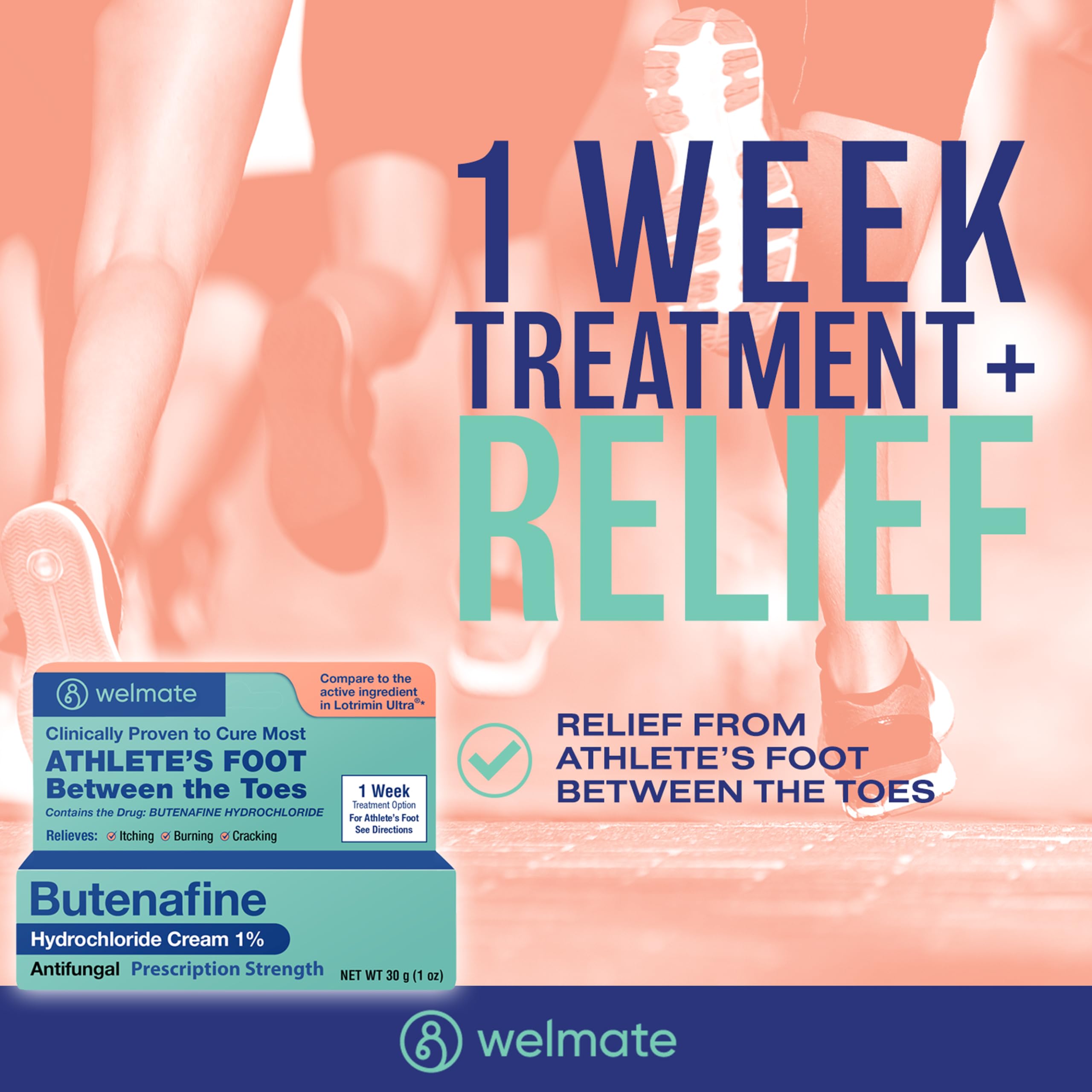 WELMATE Extra Strength Athlete's Foot Treatment Cream - 1oz Antifungal with Butenafine Hydrochloride for Ringworm, Jock Itch & Toenail Fungus Relief - Effective Foot Care Solution for Athletes & Active Lifestyles