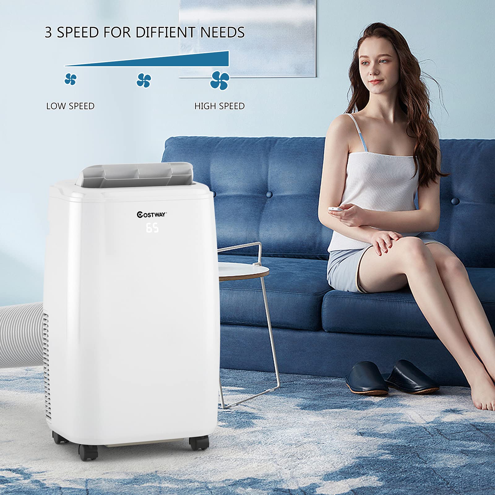 COSTWAY 10,000 BTU Portable Air Conditioner - Cools Rooms Up to 350 Sq.Ft | 3 Cooling Modes, Remote Control, Washable Filter | 3 Fan Speeds & Sleep Mode for Bedroom, Office & Small Apartment Cooling