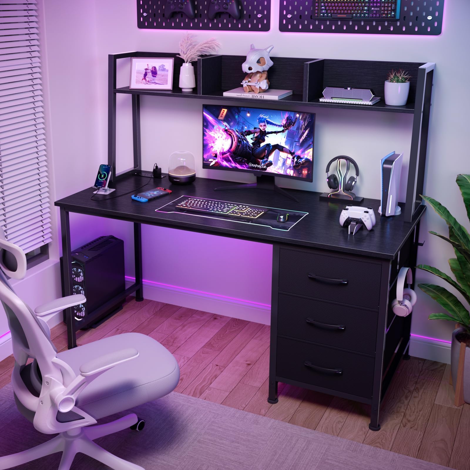 47 Inch Black Modern Computer Desk with Hutch & 3 Drawers - Home Office Desk with Storage & Power Outlets, Study Writing Desk for Bedroom, Small Spaces & Remote Work