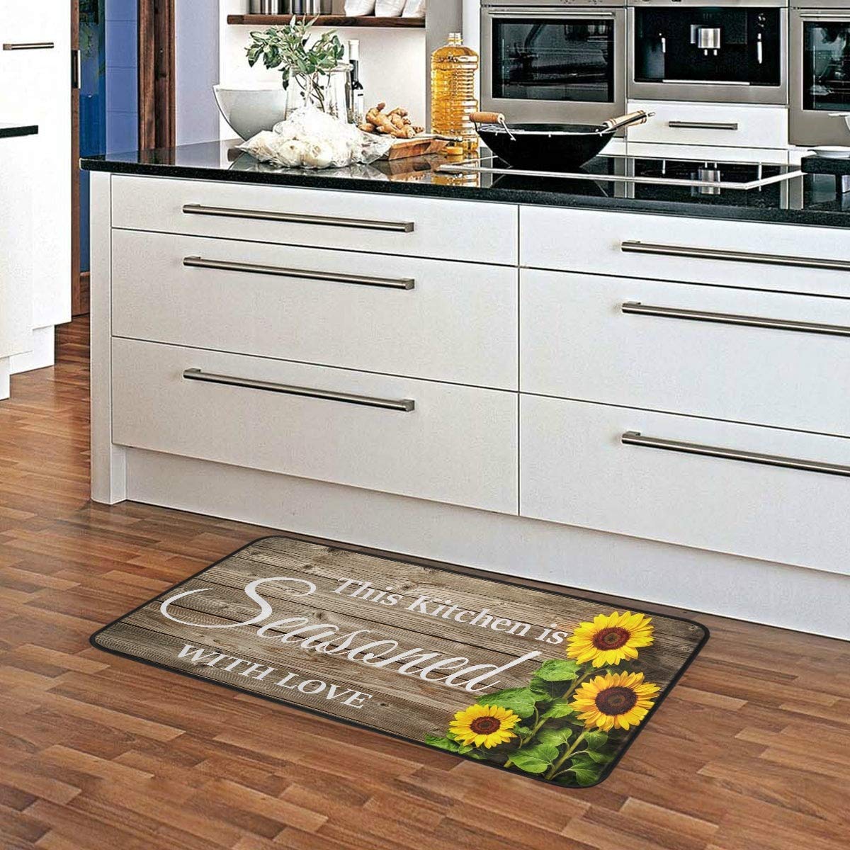 Washable Kitchen Rug Floor Mat - Anti-Fatigue Cushion with Sunflower Design for Wooden Floors | Non-Slip Comfort Mat for Cooking, Baking & Dishwashing Areas