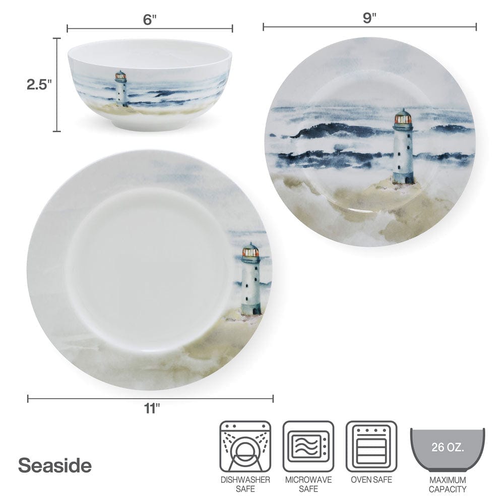 Seaside 12-Piece Dinnerware Set - Service for 4 People - Elegant Porcelain Plates, Bowls & Mugs - Perfect for Beach House, Coastal Dining & Entertaining Guests