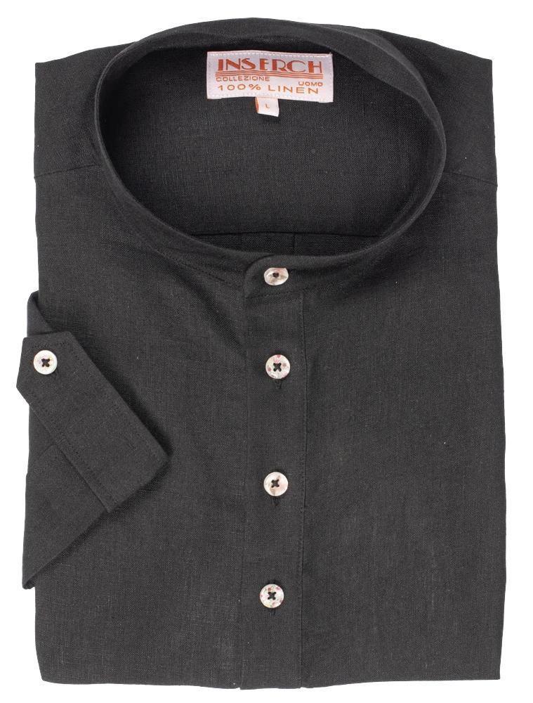 Men's Black Linen Banded Collar Pop Over Shirt by Inserch - Casual Summer Wear for Beach, Vacation & Outdoor Activities