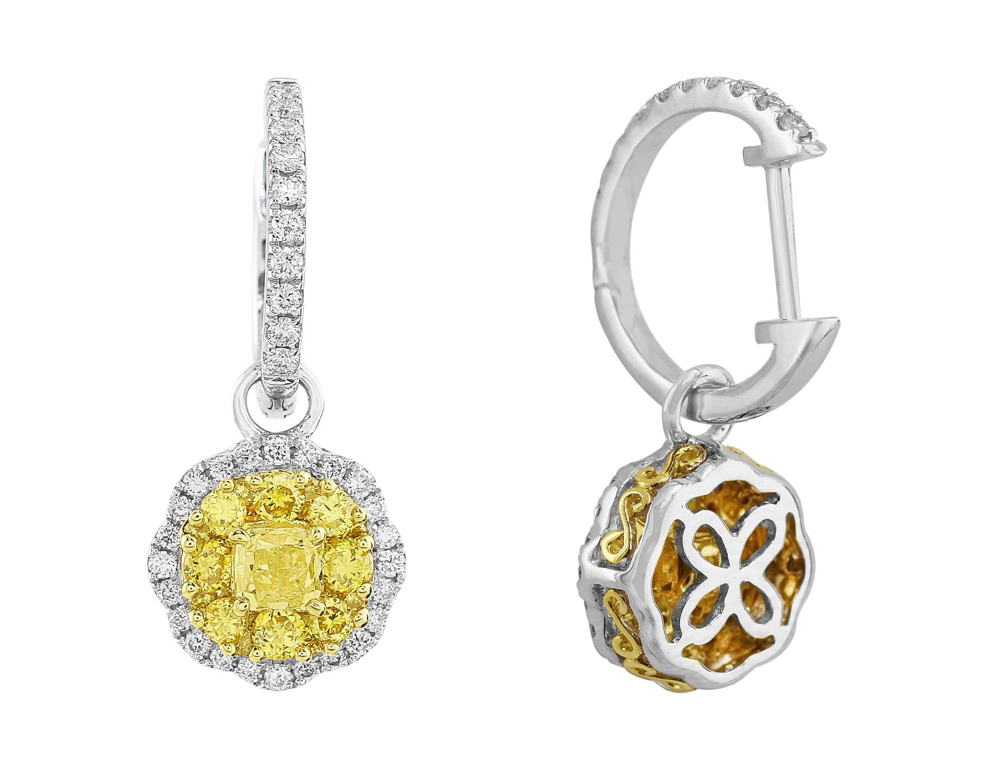 18K White Gold Octagonal Yellow Diamond Drop Earrings – Elegant Dangle Earrings for Women, Perfect for Weddings, Parties & Special Occasions