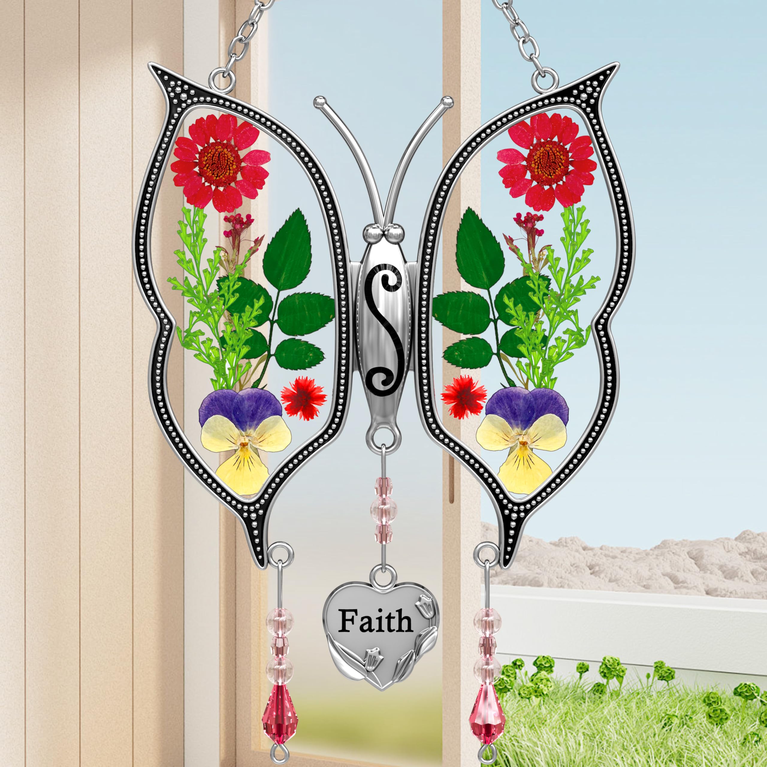 Butterfly Ornaments for Windows - Pressed Flower Glass Suncatcher with Heart Charm | Faith Gift for Mom, Grandma, Aunt | Christmas Decor, Birthday & Mother's Day Present | Perfect for Home, Office, Garden Decorations