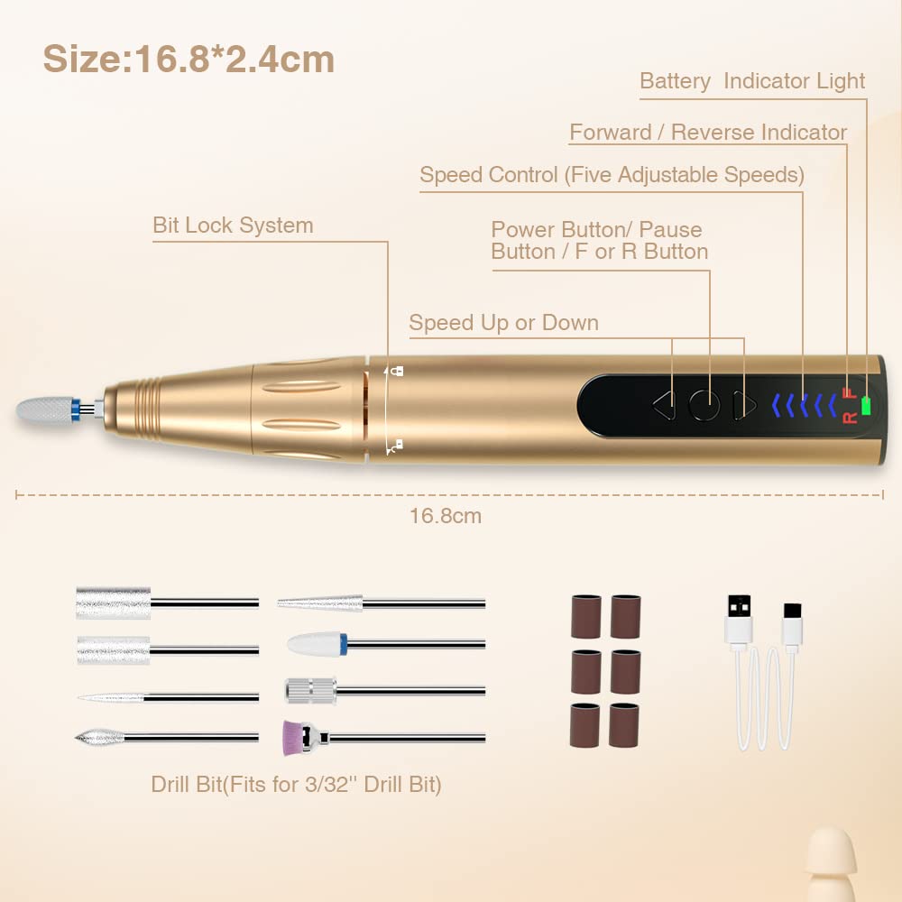 Professional 30000RPM Rechargeable Nail Drill Kit for Acrylic & Gel Nails - 18K Gold Electric Nail File with 8 Bits | At-Home Manicures, Salon Quality Nail Art, DIY Nail Extensions & Pedicures
