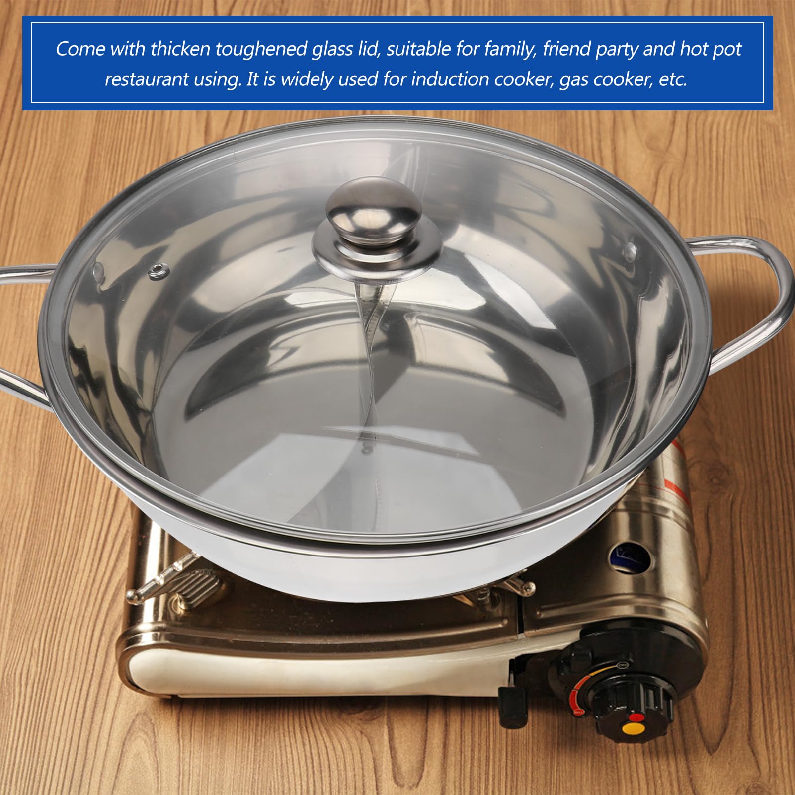 Premium HEMOTON 30cm Stainless Steel Shabu Hot Pot with Divider & Lid - Dual-Sided Hot Pot Cookware for Electric, Induction & Gas Stoves - Perfect for Family Dinners, Asian Cuisine & Hot Pot Parties
