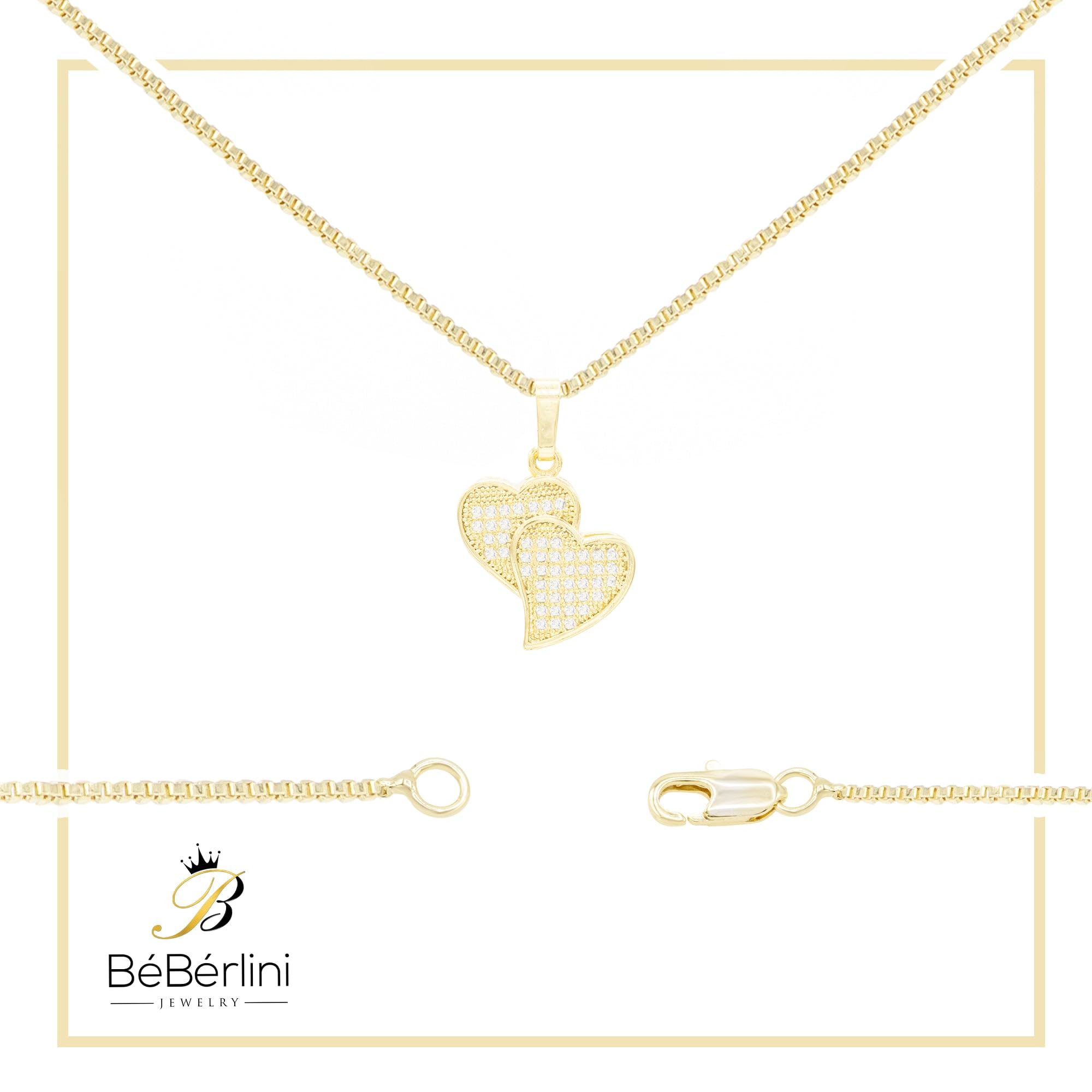 BEBERLINI Heart CZ Charms 14K Gold Filled Box Chain Charm Pendant Necklace Set for Women - 24 Inch Elegant Jewelry Gift for Valentine's Day, Anniversary & Special Occasions