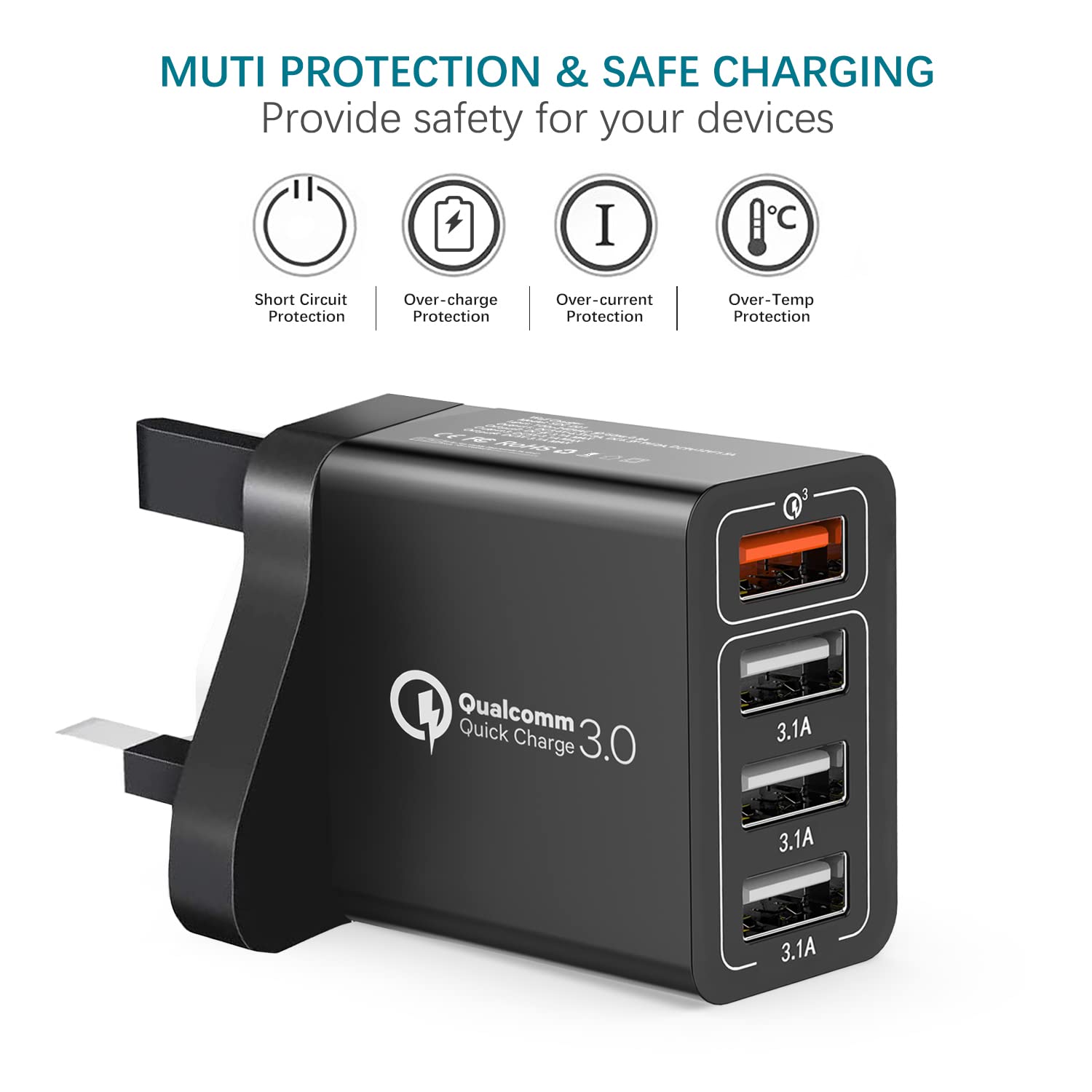 Yeonphom 4-Port USB Fast Charger 33W with QC3.0 Technology - Multi-Port Wall Charger for Samsung Galaxy S23/S22/S21/S20/S10/S9/S8/Note - Perfect for Home, Office & Travel Charging Multiple Devices Simultaneously