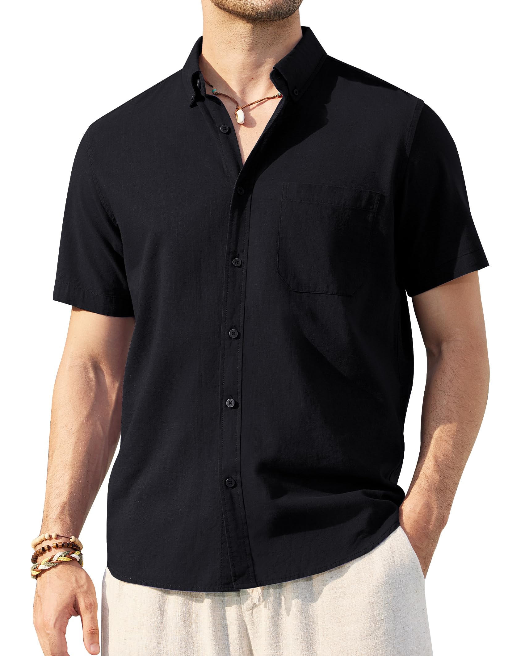 Men's Linen Short Sleeve Shirt - Breathable Cotton Casual Button Down Collared Shirt for Summer | Beach Wear, Outdoor Activities & Vacation Essentials