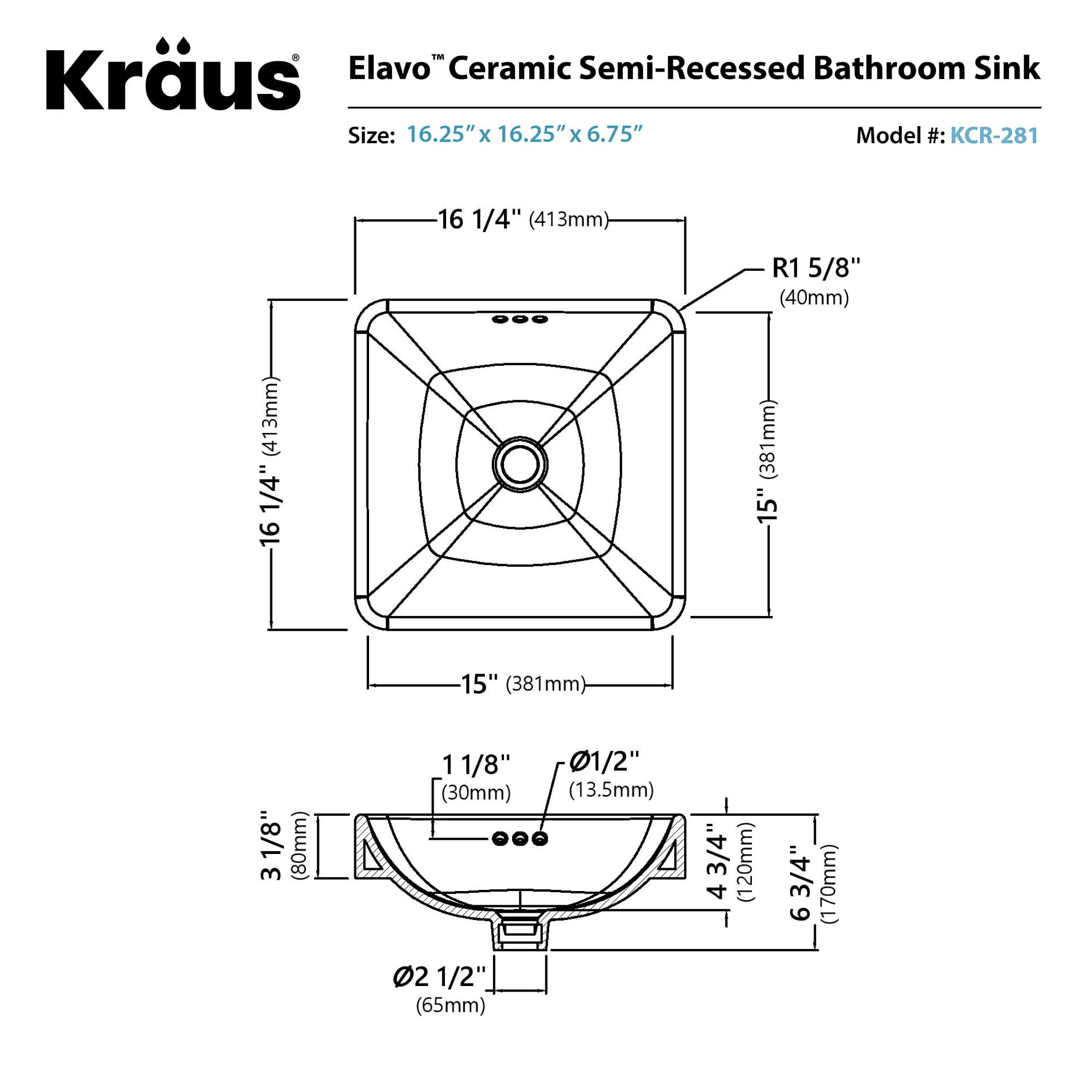 Kraus KCR-281-BN Modern Ceramic Square Semi-Recessed Bathroom Sink with Overflow & Pop-Up Drain - Brushed Nickel/White 16.25