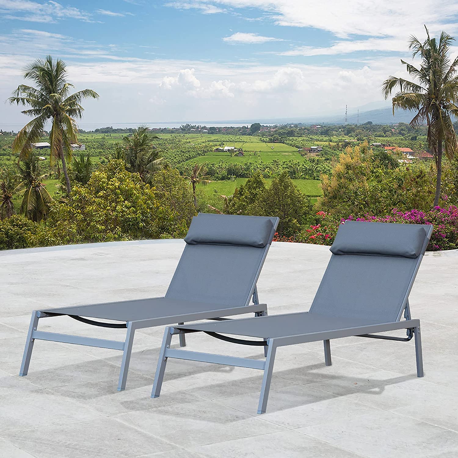 Domi Patio Chaise Lounge Set - 5-Position Adjustable Pool Lounge Chairs with Breathable Textilene Fabric, Headrest & Side Table - Sturdy Steel Frame Outdoor Furniture (Grey) - Perfect for Poolside Relaxation, Backyard Lounging & Patio Decor
