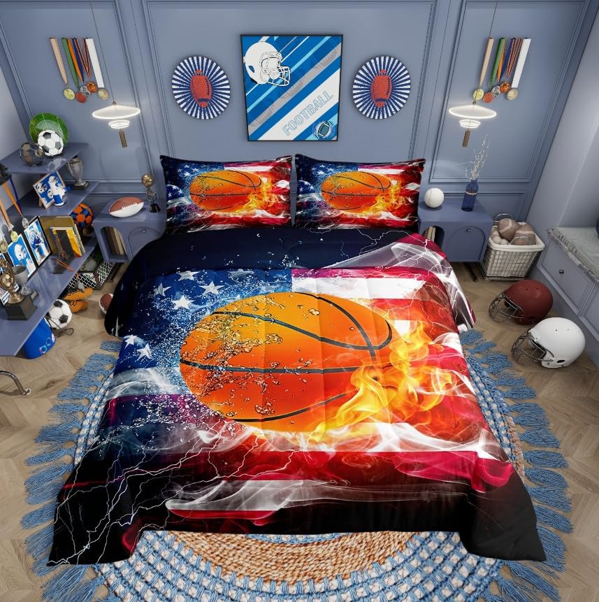 USA Flag Comforter Set - Water & Fire Lightning Basketball Theme Bedding | Red & White Striped Quilted Duvet with 2 Pillowcases - Queen Size for Adults & Teens | Perfect for Patriotic Bedrooms, Dorm Rooms & Sports Fans