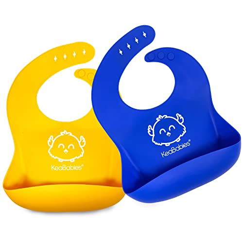 2-Pack Baby Silicone Bibs - Waterproof & Easy Clean Feeding Bibs for Infants & Toddlers with Large Food Catcher Pocket - BPA Free, Food Grade Silicone - Perfect for Home, Travel, Daycare & Messy Mealtime (Funtastic Design)
