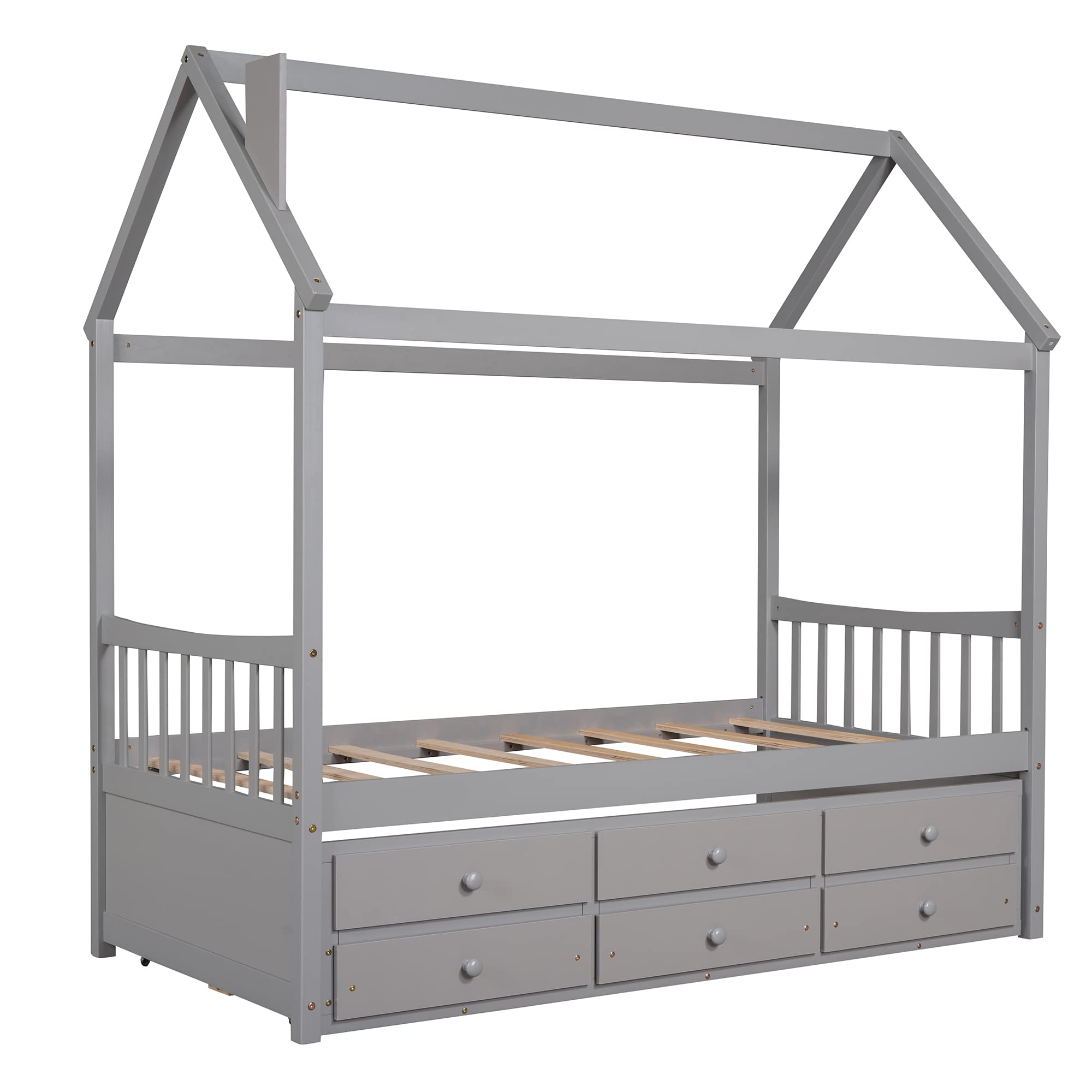 Solid Wood Twin Size House Bed with Roof, Trundle & 3 Storage Drawers - Kids Bedroom Furniture, Playroom or Nursery - No Box Spring Needed - Gray (THD) - Perfect for Small Spaces, Sleepovers & Playtime Adventures