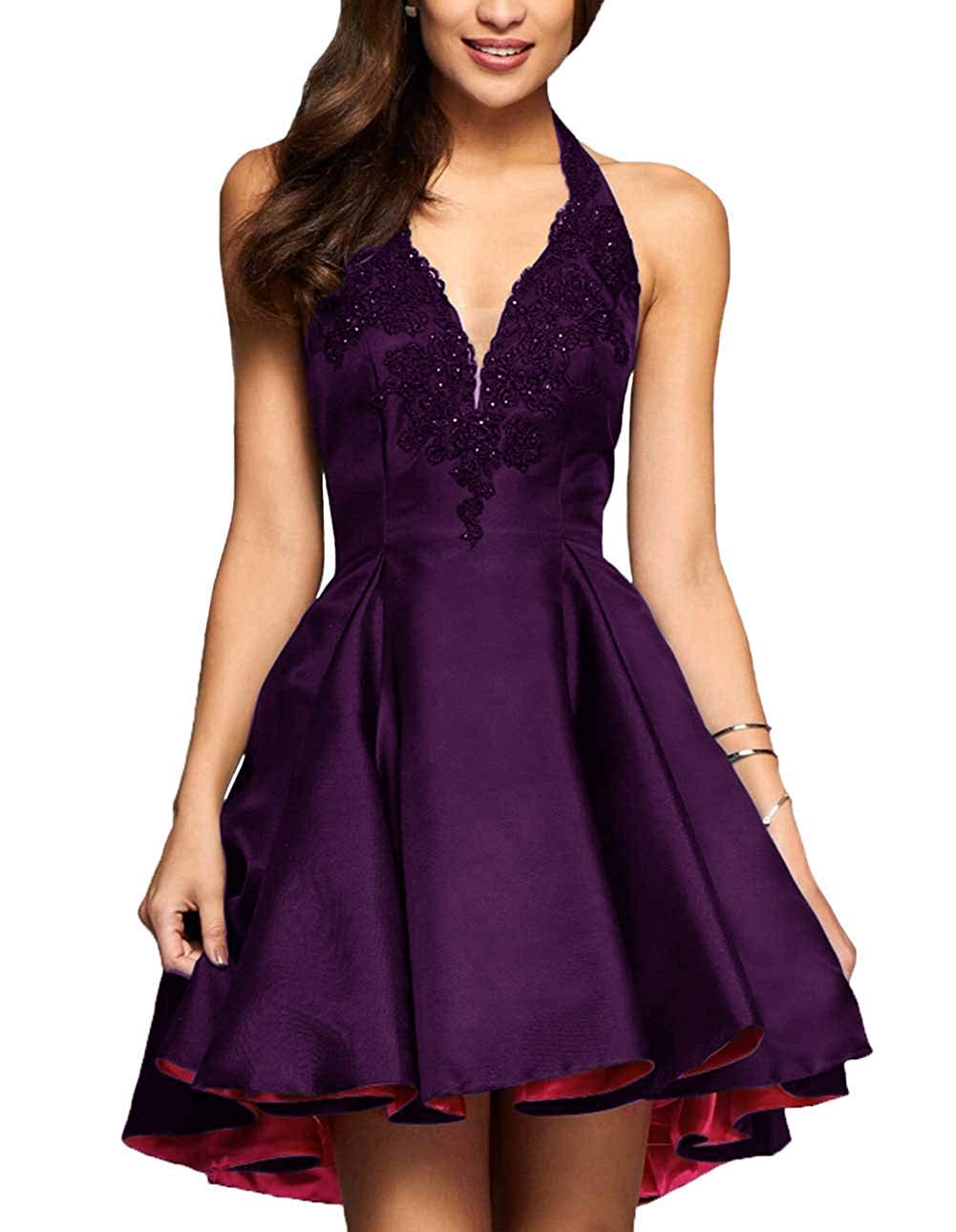 Lace Satin Halter Prom Dress for Teens with Pockets - Homecoming & Party Wear
