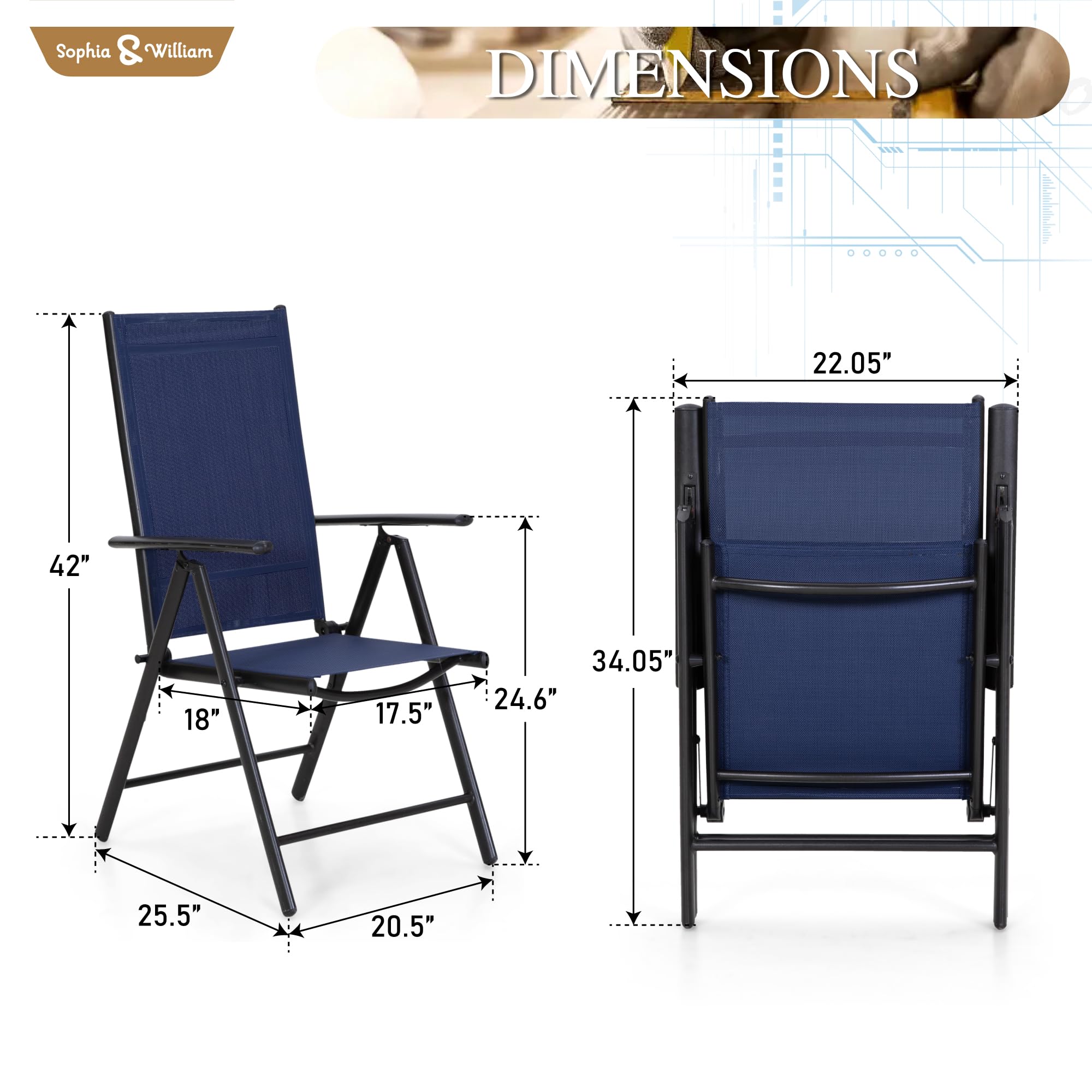 Sophia & William 4-Pack Outdoor Folding Chairs - Adjustable Patio Dining Chairs with 7-Level Reclining Backrest, Lightweight Portable Textilene Chairs in Blue - Perfect for Backyard BBQs, Beach Trips, and Camping Adventures