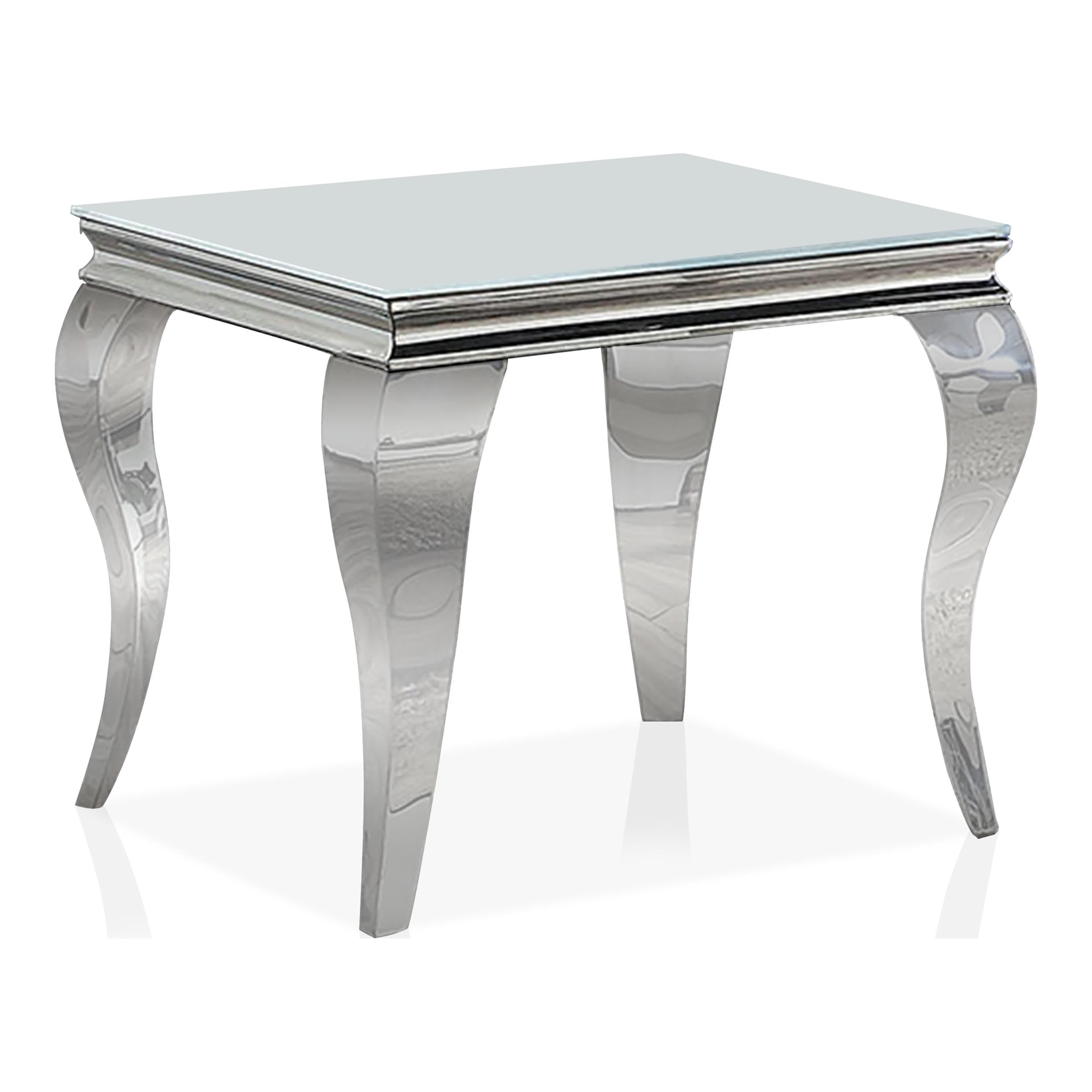 Furniture of America Alang Glam Glass Top End Table - White & Silver Accent Table for Living Room, Bedroom & Office Decor