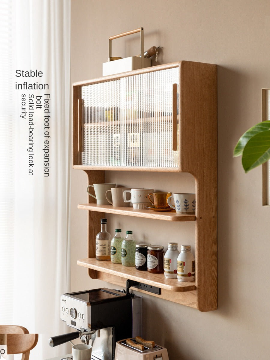 Solid Oak & Cherry Wood Wall Mounted Suspended Cabinet - Rustic Floating Shelf for Kitchen, Bathroom, Living Room Storage & Decor