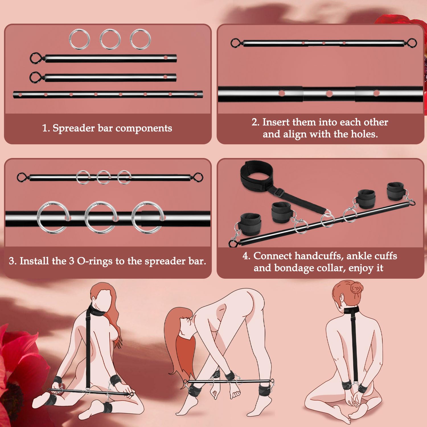 Premium BDSM Restraint Kit - Adjustable Handcuffs, Ankle Cuffs & Neck Collar with Spreader Bar for Couples | Bondage Toys for Kinky Sex, Role Play & Sensory Play | Perfect for Bedroom Fun & Adult Playtime