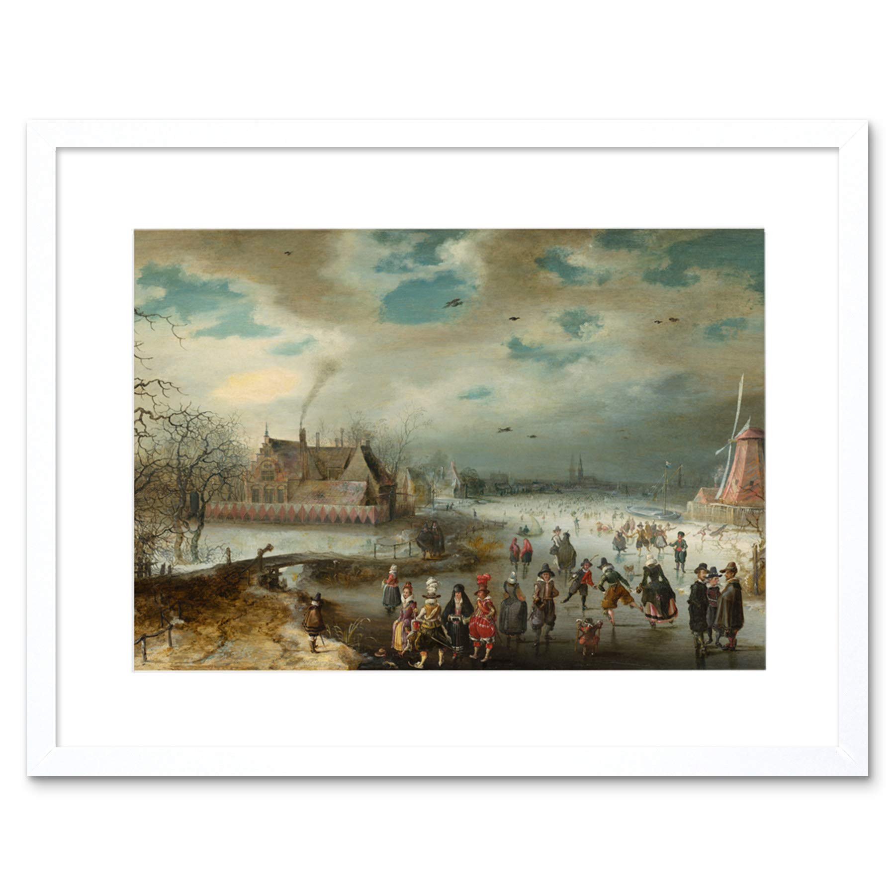 Adam Van Breen Dutch Skating on Frozen Amstel River - Framed Art Print 12x50 (B12X5080) - Perfect for Home, Office & Gallery Wall Decor