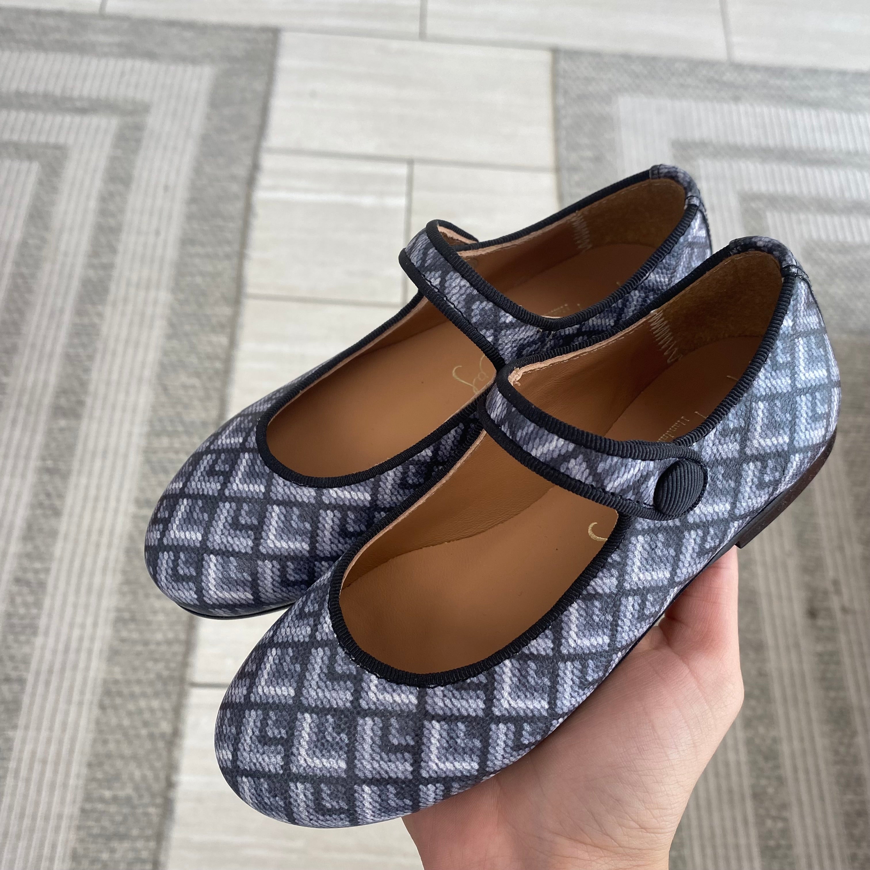 Stylish Gray Geometric Mary Jane Flats for Women - Comfortable & Fashionable Shoes for Work, Casual Outfits, and Special Occasions