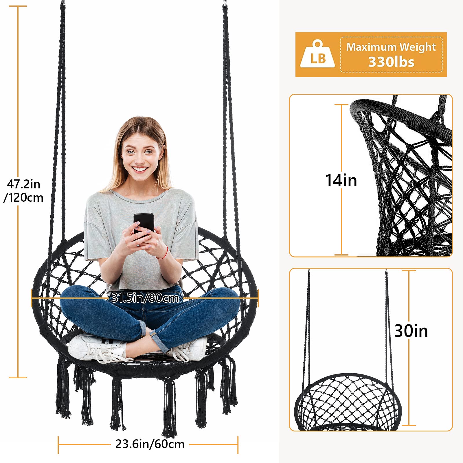 Bohemian Macrame Hammock Chair Swing Set of 2 - Handmade Cotton Rope Hanging Chair with Tassels for Indoor & Outdoor Use - Supports 330 lbs (Black) - Perfect for Bedroom, Patio, Garden Relaxation & Boho Decor