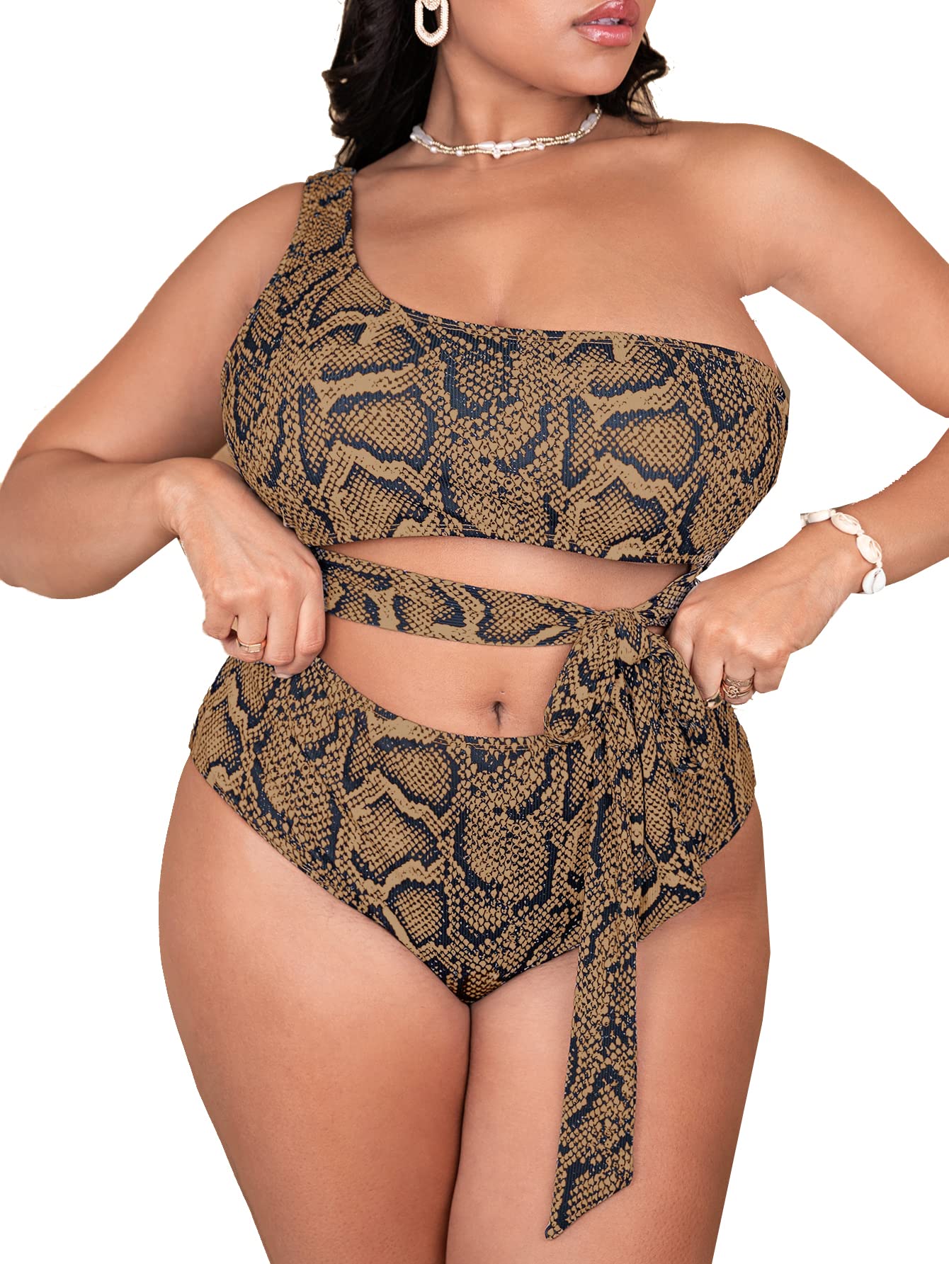Romwe Women's Plus Size One Shoulder Swimsuit - Snakeskin Print Knot Front One Piece Bathing Suit for Beach, Pool & Summer Vacations