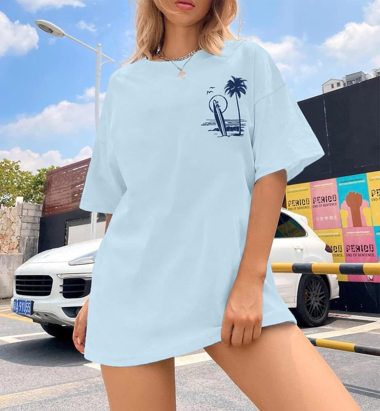 Tuislay Women's Oversized Beach Shirts - Palm Tree Graphic Hawaiian Vacation T-Shirts | Light Blue L | Summer Casual Wear, Tropical Getaway, Poolside Relaxation