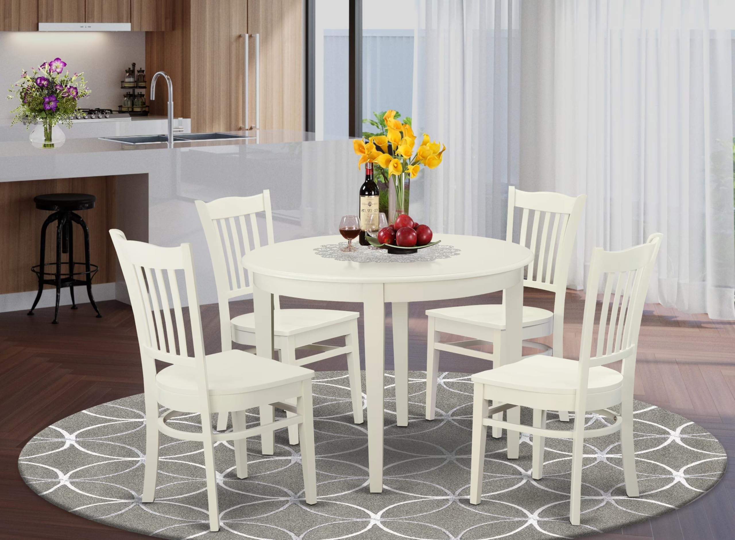 East West Furniture BOGR5-WHI-W 5-Piece Round Dining Table Set with 4 Chairs, 42x42 Inch, Linen White - Perfect for Small Kitchen, Breakfast Nook, and Cozy Apartment Dining