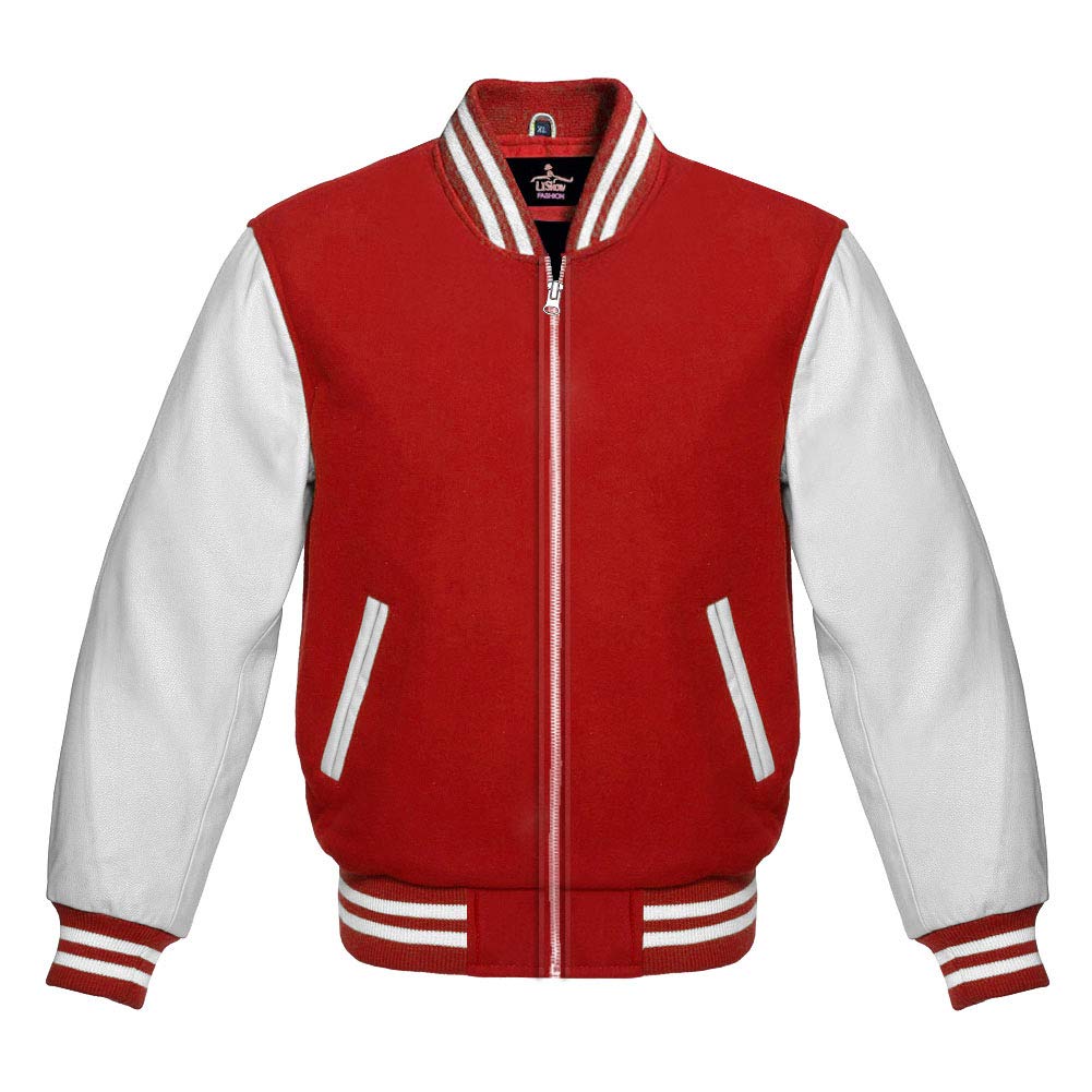 Varsity Baseball Letterman Jacket - Red Wool Body with Genuine White Leather Sleeves, Zip-Up Bomber Style for High School & College | Perfect for Sports Teams, School Spirit Events & Vintage Fashion