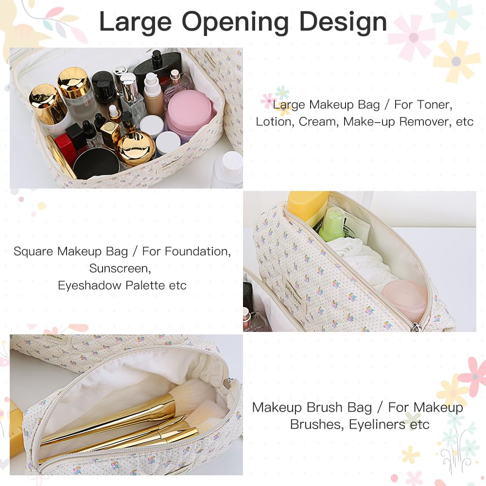 Cessfle 3PCS Cotton Quilted Makeup Bags Set - Cute Floral Cosmetic Organizer for Women | Large Coquette Aesthetic Travel Makeup Pouch | Perfect for Travel, Gym & Daily Beauty Essentials