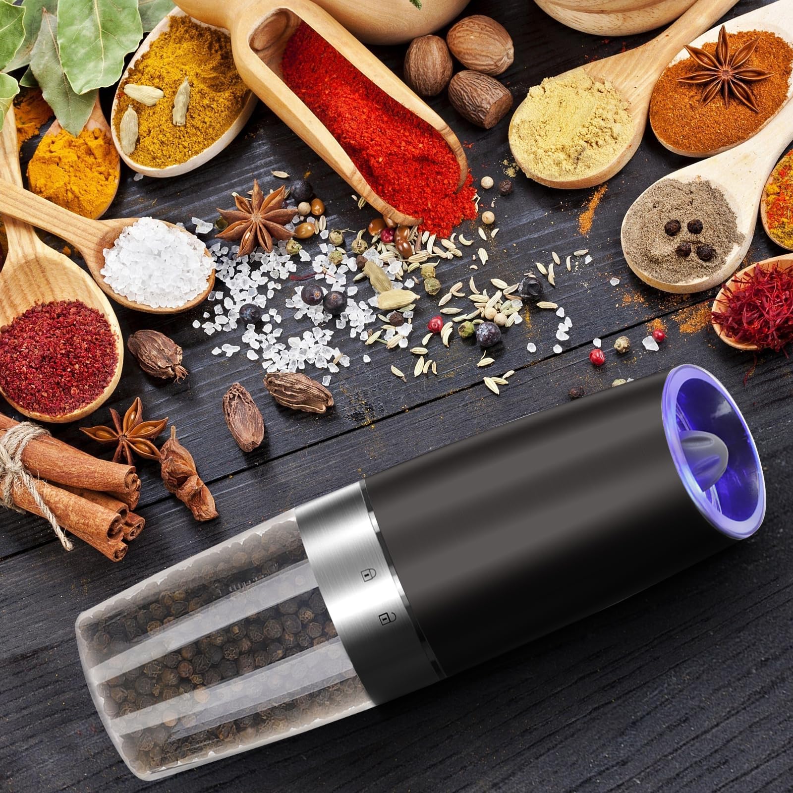 Premium Electric Salt and Pepper Grinder Set - Adjustable Coarseness, Battery Powered with LED Light - Large Capacity One-Hand Operation (2 Pack, Black) - Perfect for Kitchen, Dining Table, and Outdoor BBQ