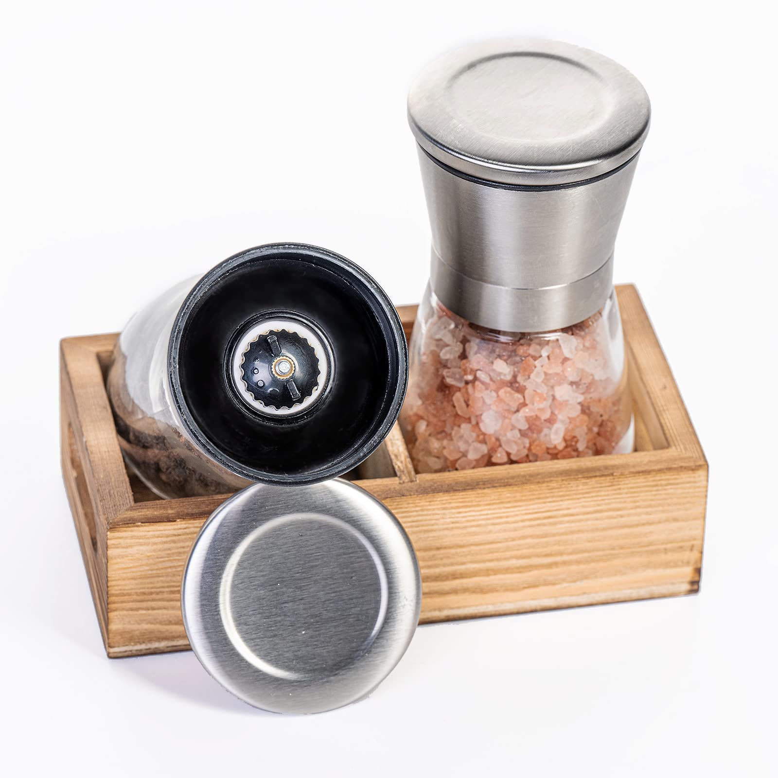 Premium Salt and Pepper Grinder Set with Wood Tray - Adjustable Manual Sea Salt & Peppercorn Mill - Refillable Glass Containers with Stainless Steel Caps - Perfect for Farmhouse Kitchen, Dining Table & Gourmet Cooking