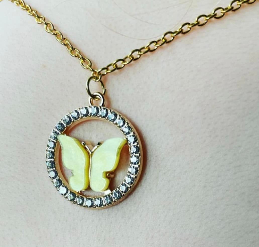 Yellow Butterfly Pendant Necklace - 16 Inch Gold Tone Curb Chain with Rhinestone Butterfly Charm for Women, Gift for Her, Birthday, Anniversary, Valentine's Day