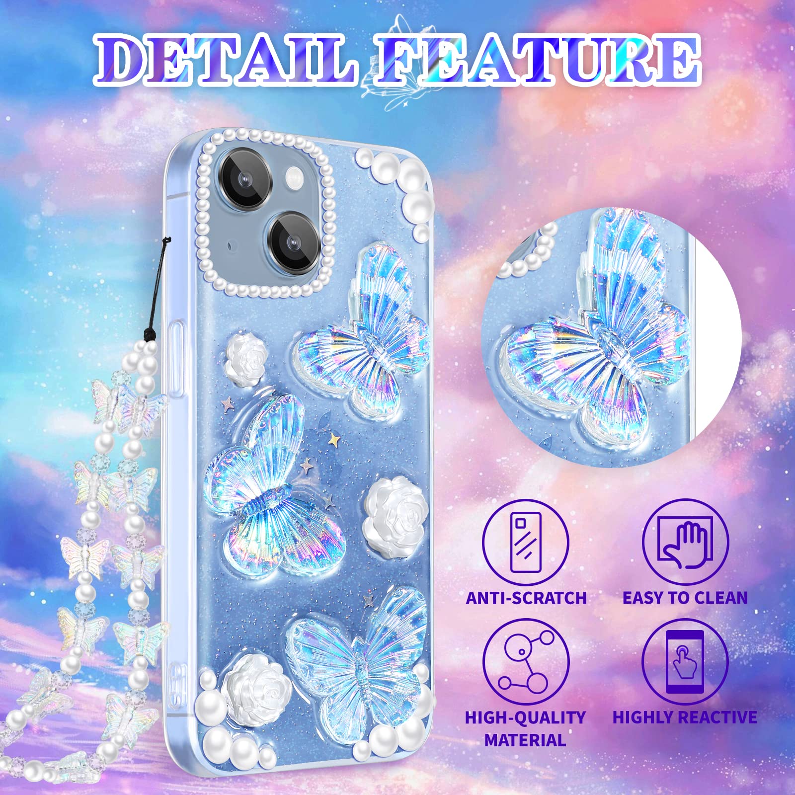 Goocrux 4-in-1 iPhone 13 Mini Case for Women - Glitter Butterfly Sequin Sparkle Clear Crystal Phone Cover with Chain, Camera Protector & Screen Protector | Cute Girly Design for Girls & Teens | Perfect for Parties, Daily Use & Gift Giving