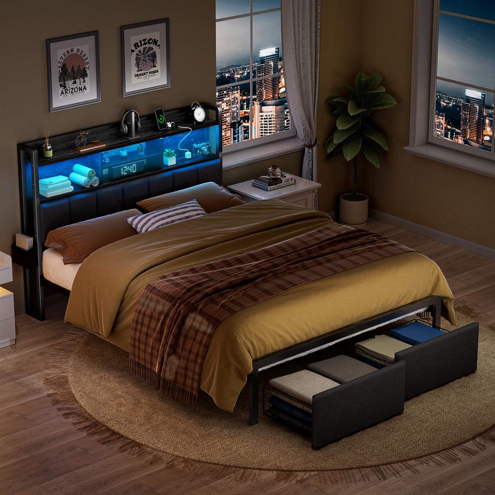 Furnulem Queen Size Bed Frame with Storage Drawers & Upholstered Headboard - LED Lights, USB Charging Station, Noise-Free Metal Platform Bed - No Box Spring Needed (Black) | Perfect for Small Bedrooms, Guest Rooms & Modern Apartments