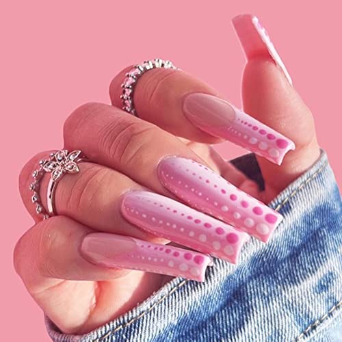 Acenail Extra Long Coffin Press on Nails - 24Pcs French Dot Design Glossy Fake Nails, Full Cover Acrylic Nail Tips for Women & Girls | Perfect for Parties, Weddings & Special Occasions