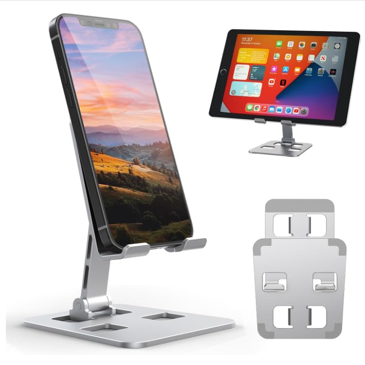 Adjustable Aluminum Phone Stand & Tablet Holder - Non-Slip Desktop Stand with Wide Compatibility for iPhone, Samsung, iPad - Perfect for Home Office, Video Calls, Gaming & Watching Movies