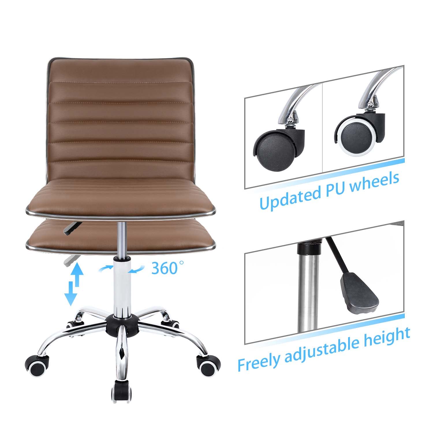 Furmax Mid Back Task Chair - Ergonomic Leather Swivel Office Chair with Ribbed Design, Armless Retro Computer Desk Chair for Home & Office (Brown) - Perfect for Workspaces, Makeup Vanity & Gaming Setups
