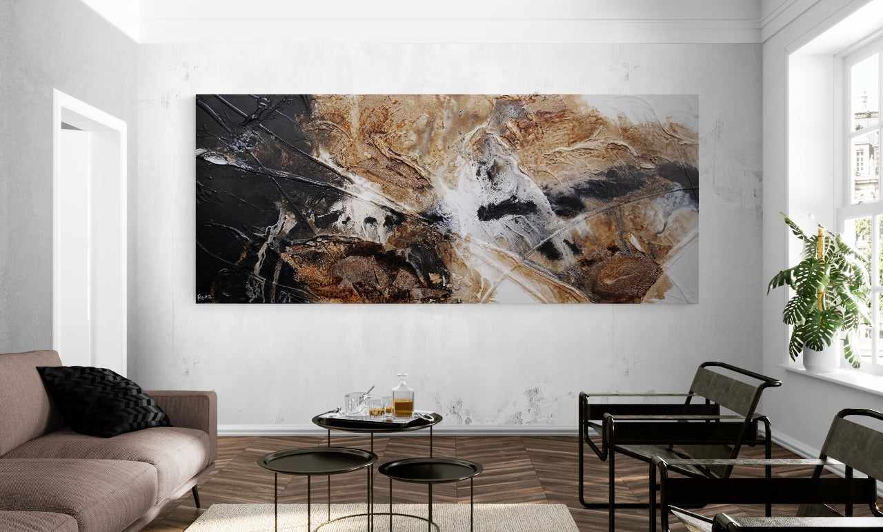 Rust Black White Textured Abstract Honeycomb Ascent Painting 94.5 x 39.4 Inch - Modern Wall Art for Living Room, Bedroom & Office Decor
