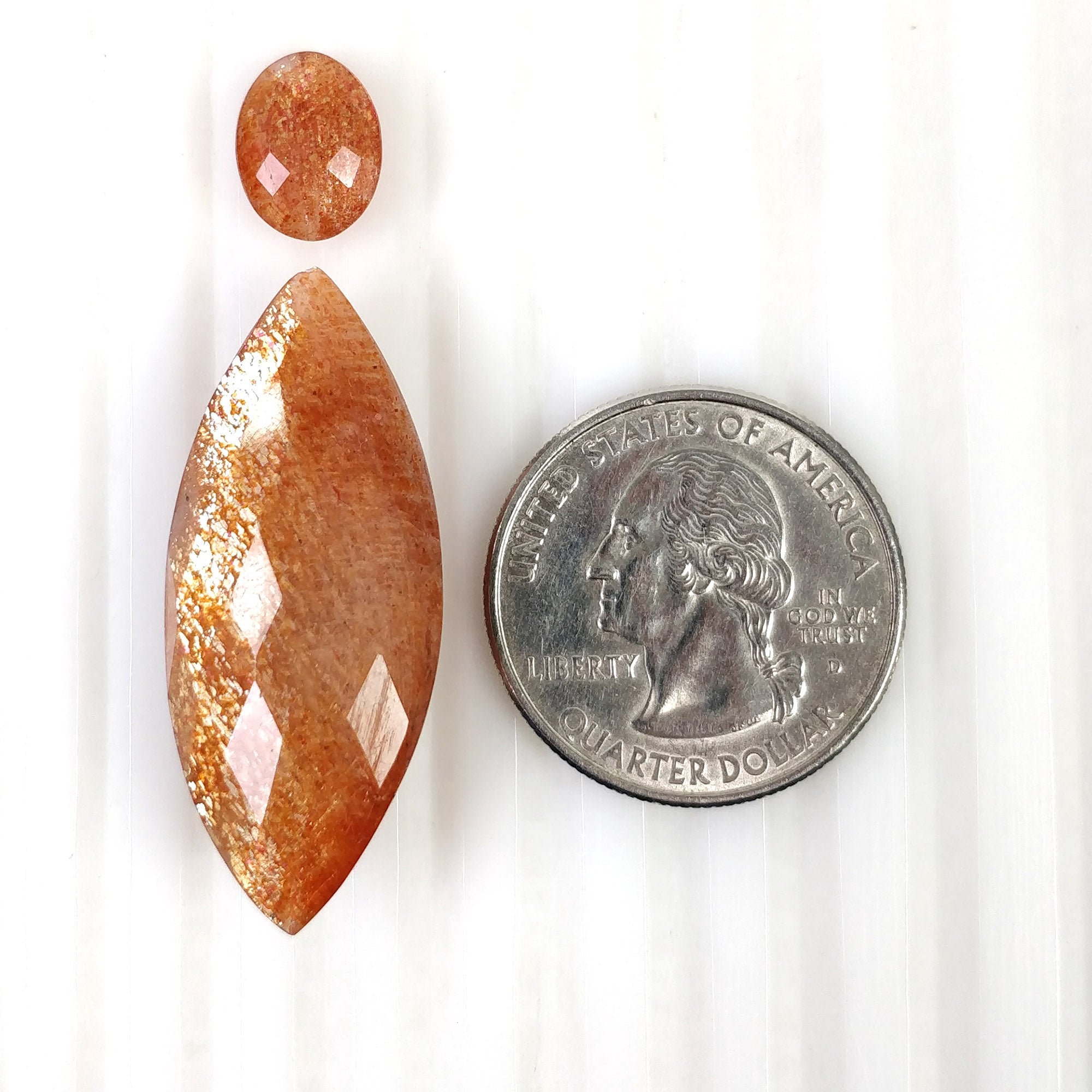 Natural Untreated Chatoyant Orange Sunstone Gemstone - 32.70cts Checker Cut Oval & Marquise Shape (11x8mm & 37x15.5mm) 2pc Set with Video - Perfect for Jewelry Making, Crystal Healing & Collector's Display