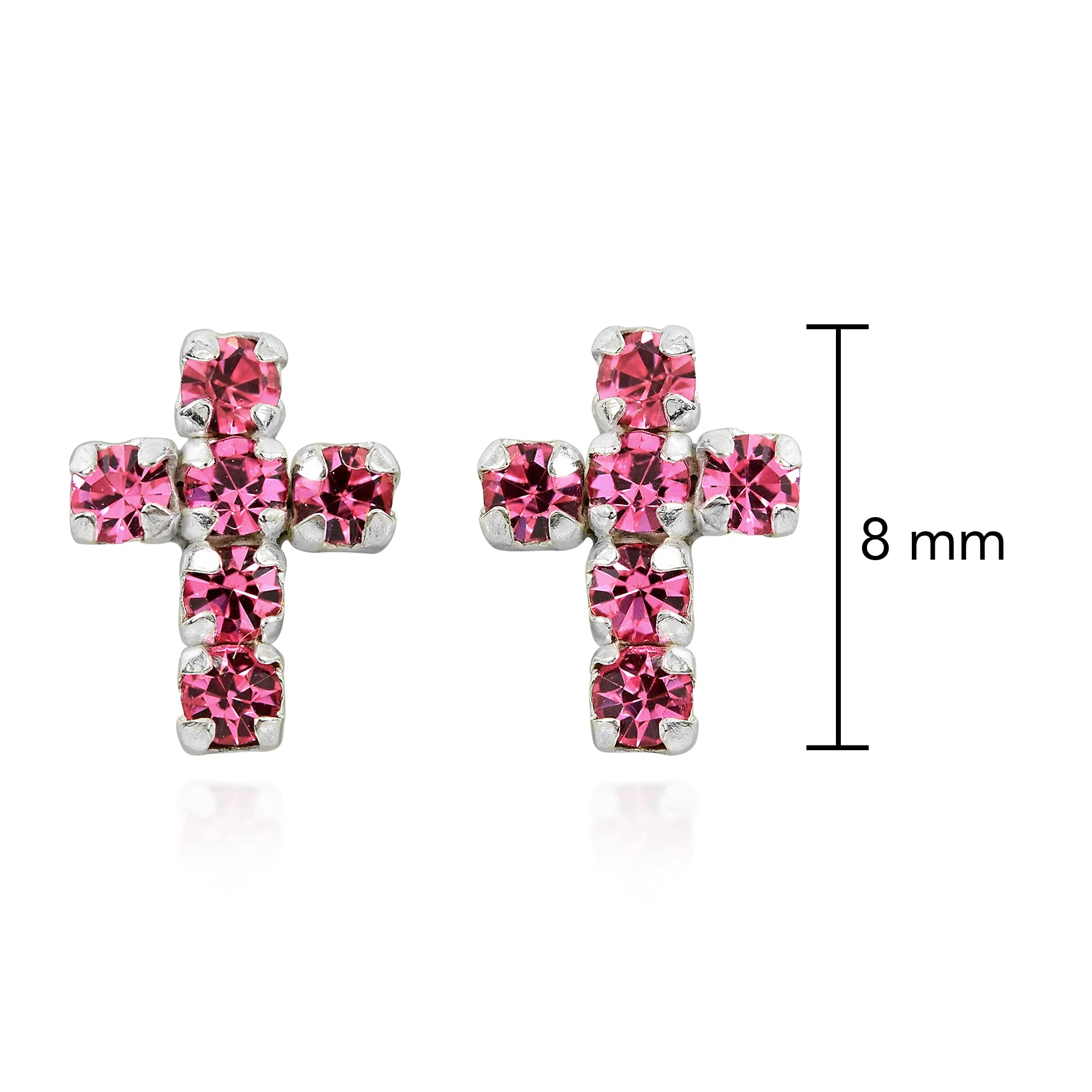 Aeravida Cute Petite Cross Sweet Pink CZ .925 Sterling Silver Mini Stud Earrings for Women | Dainty Religious Jewelry Gift for Her | Perfect for Everyday Wear, Church, Baptism & Special Occasions
