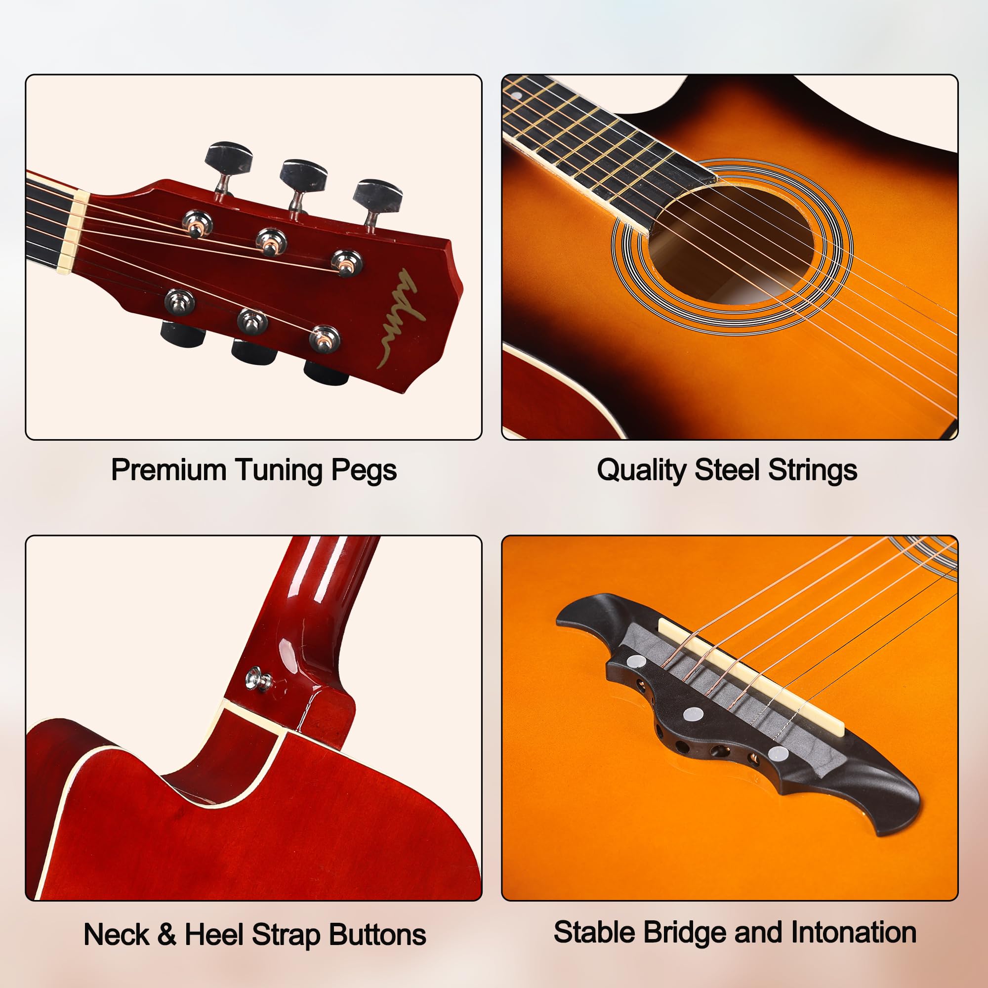 ADM 38-Inch Cutaway Acoustic Guitar Starter Kit for Beginners & Adults - Sunburst Wood Guitar with Gig Bag, Strap, Strings, Picks, Capo & Stand - Includes Free Online Lessons - Perfect for Home Practice, Campfire Sessions & Music Classes