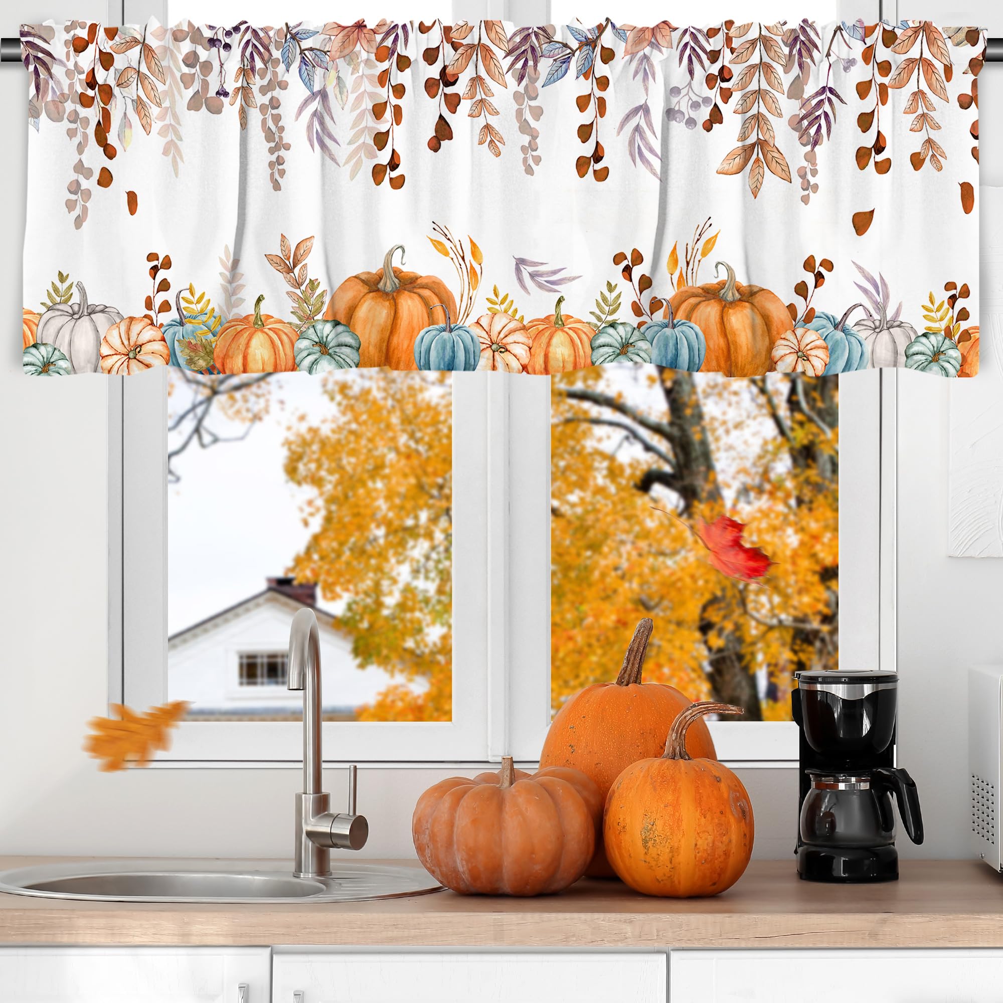 Orange Maple Leaf Pumpkin Curtain Valance - 54x18 Inch Fall Kitchen Decor with Rod Pocket for Small Windows | Thanksgiving Home Decor for Living Room & Bedroom | Seasonal Autumn Window Treatment for Cozy Home Atmosphere