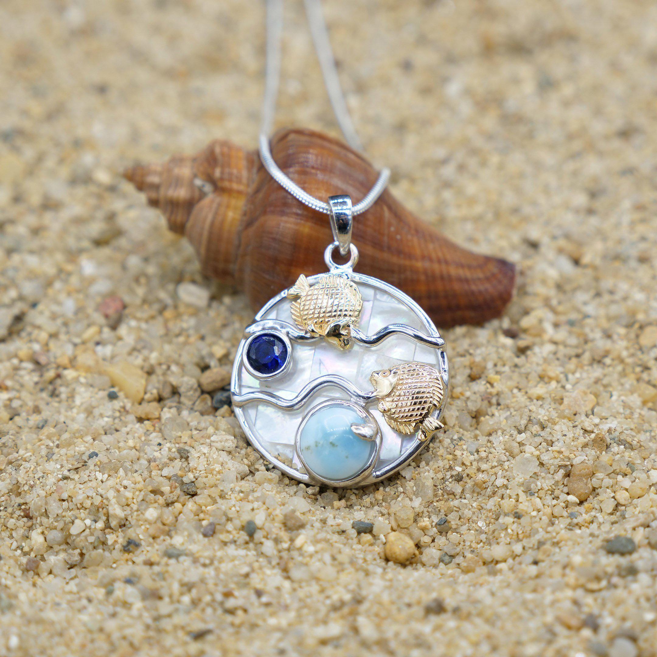 Handmade Fish Necklace with Larimar, Lapis Lazuli & Mother of Pearl - Elegant Bohemian Jewelry for Women, Perfect for Beach Vacations & Summer Outfits