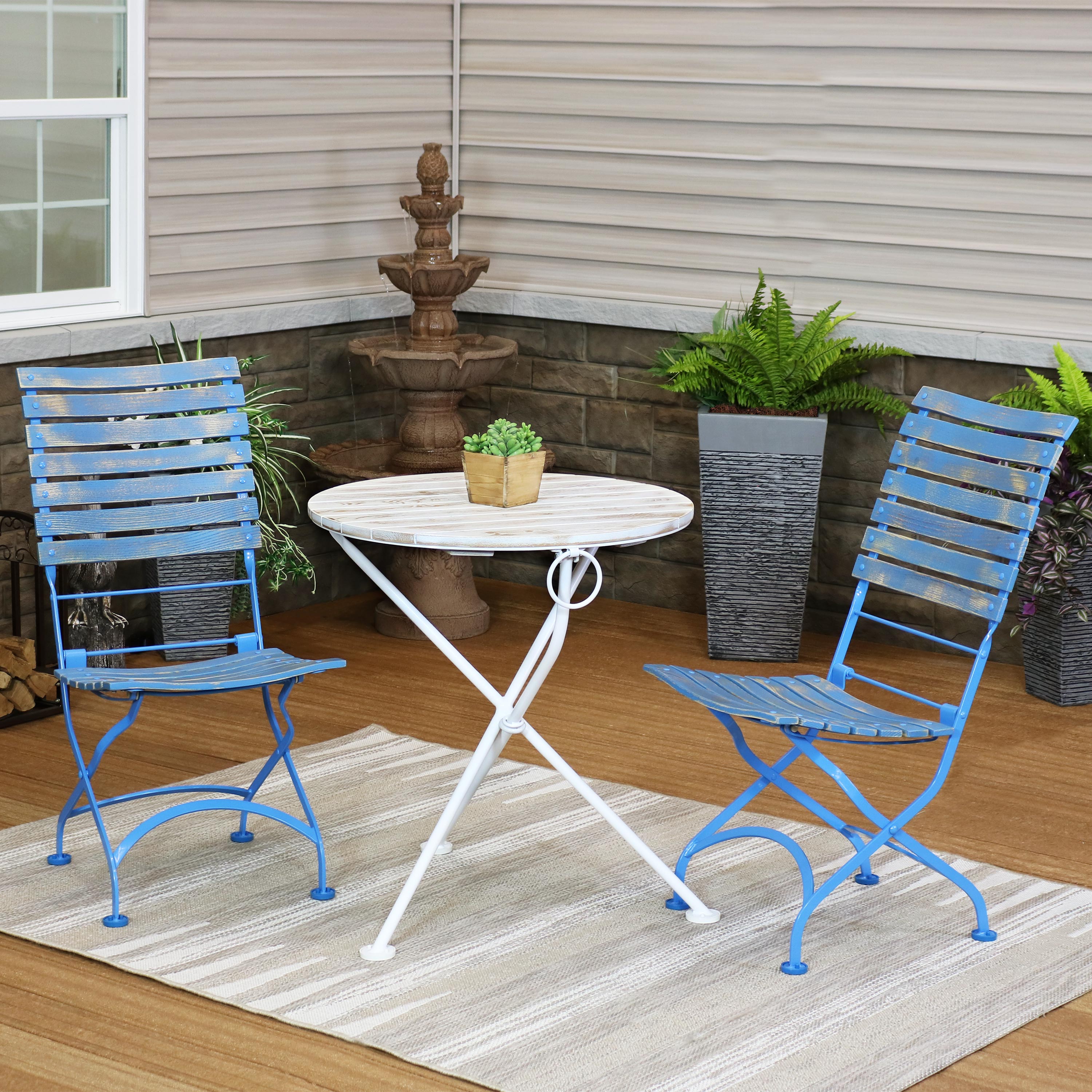 Sunnydaze Cafe Color 3-Piece Wooden Folding Bistro Table and Chair Set - Blue | Outdoor Patio, Garden, Balcony Dining Furniture for Small Spaces