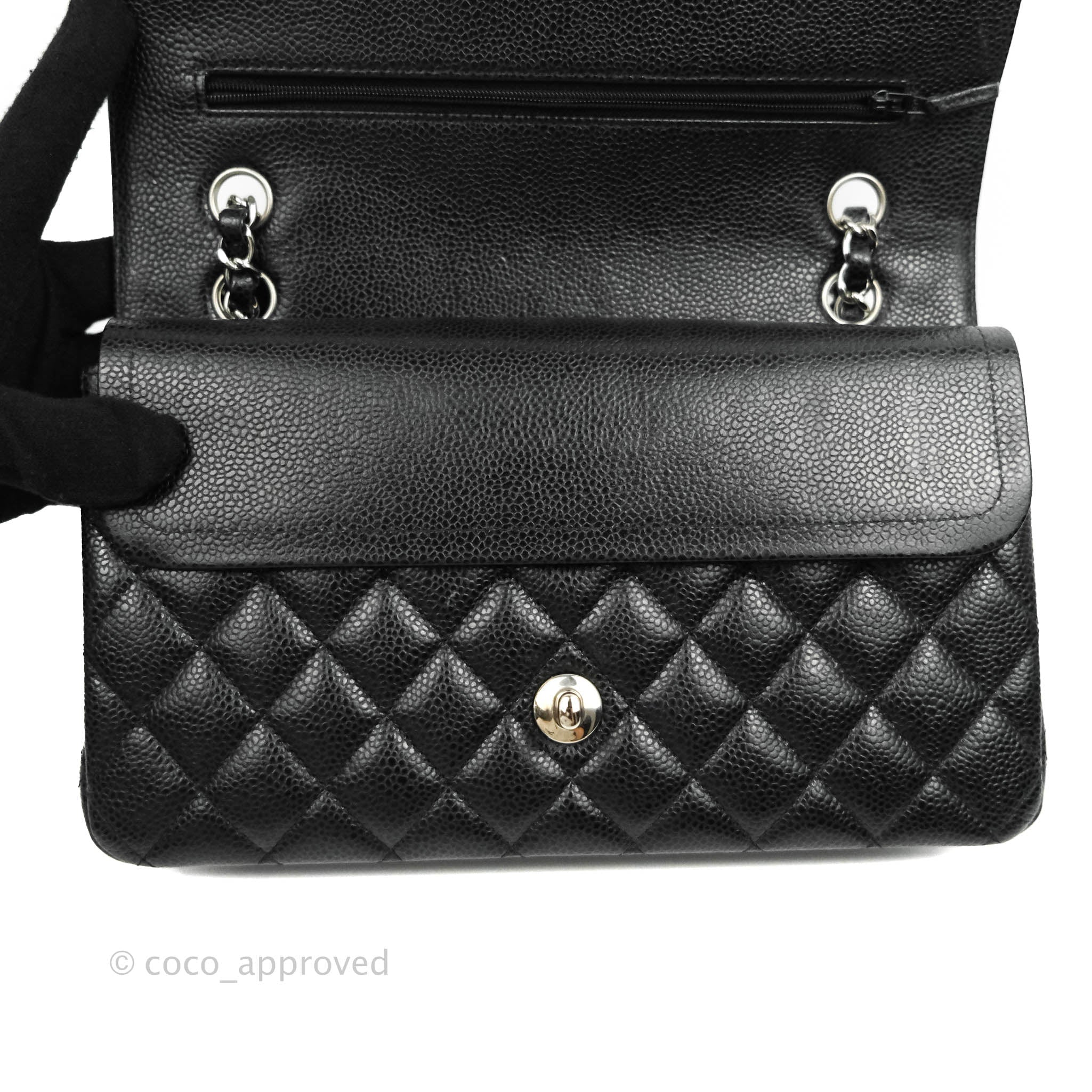 Chanel Classic Double Flap M/L Black Caviar Leather Bag with Silver Hardware - Luxury Designer Handbag for Women, Perfect for Work, Evening Events & Special Occasions