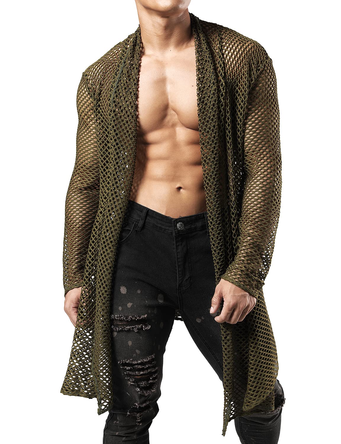 JOGAL Men's Mesh Fishnet Cardigan Fitted Muscle Top - Breathable Slim Fit Open Knit Sweater for Gym, Club & Streetwear Fashion